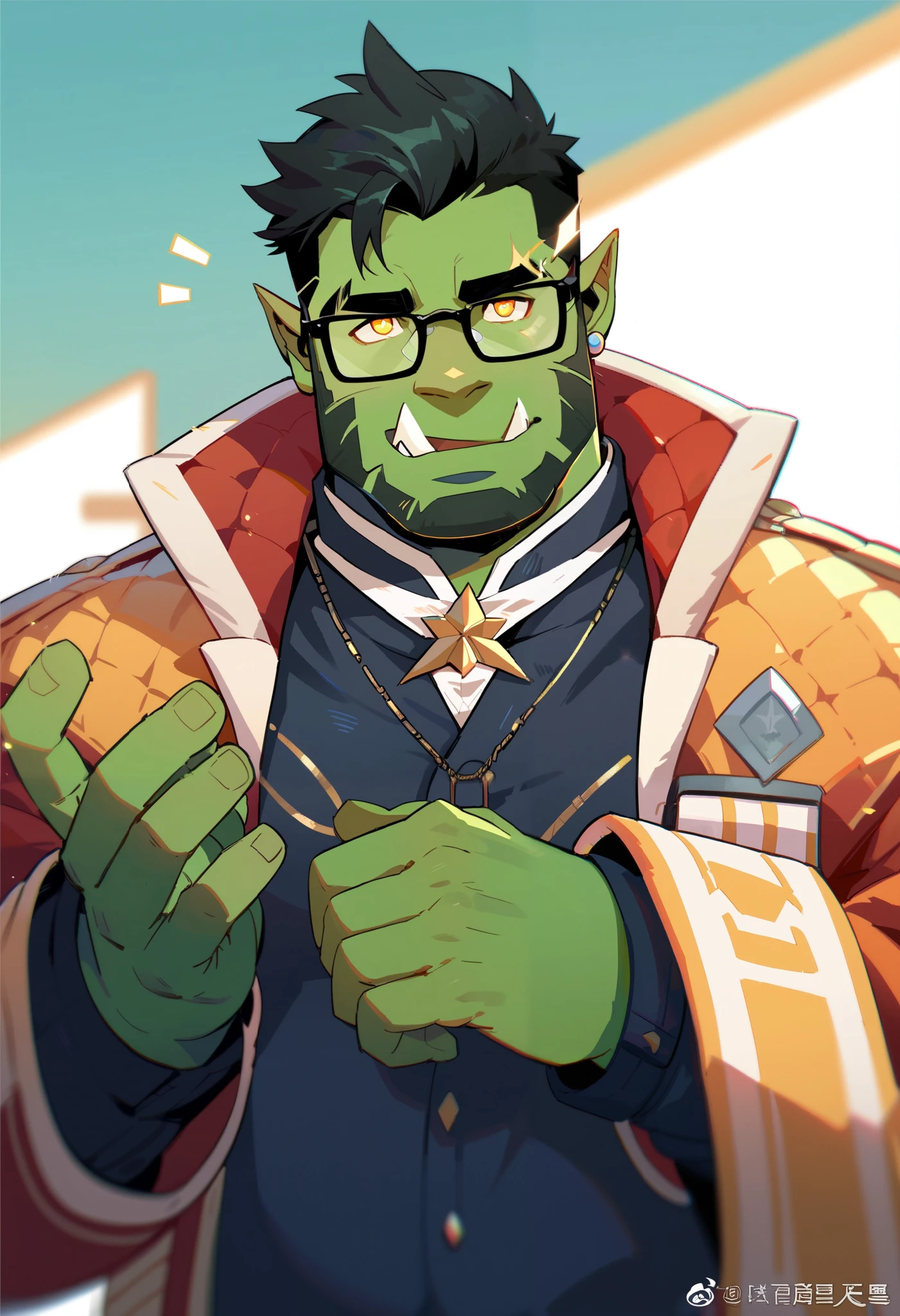 Masterpiece, Best Quality, Ultra-Detailed, a male orc wizzard, solo, using social suit and black cloack. Green skin, black hair, glasses, yellow pupils, big tusks, belly, bara.