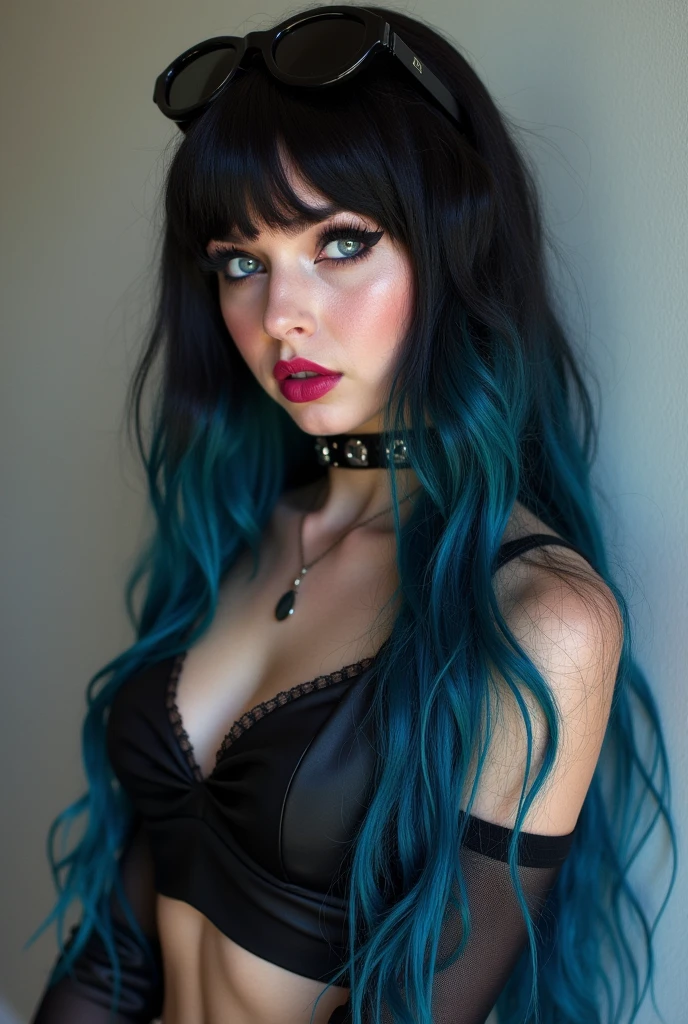 A young woman (20 years old) with a traditional goth style that includes a thick layer of white foundation, very big eyeliner, a bridge piercing and snake bites piercings. Her hair is black and she have blue eyes