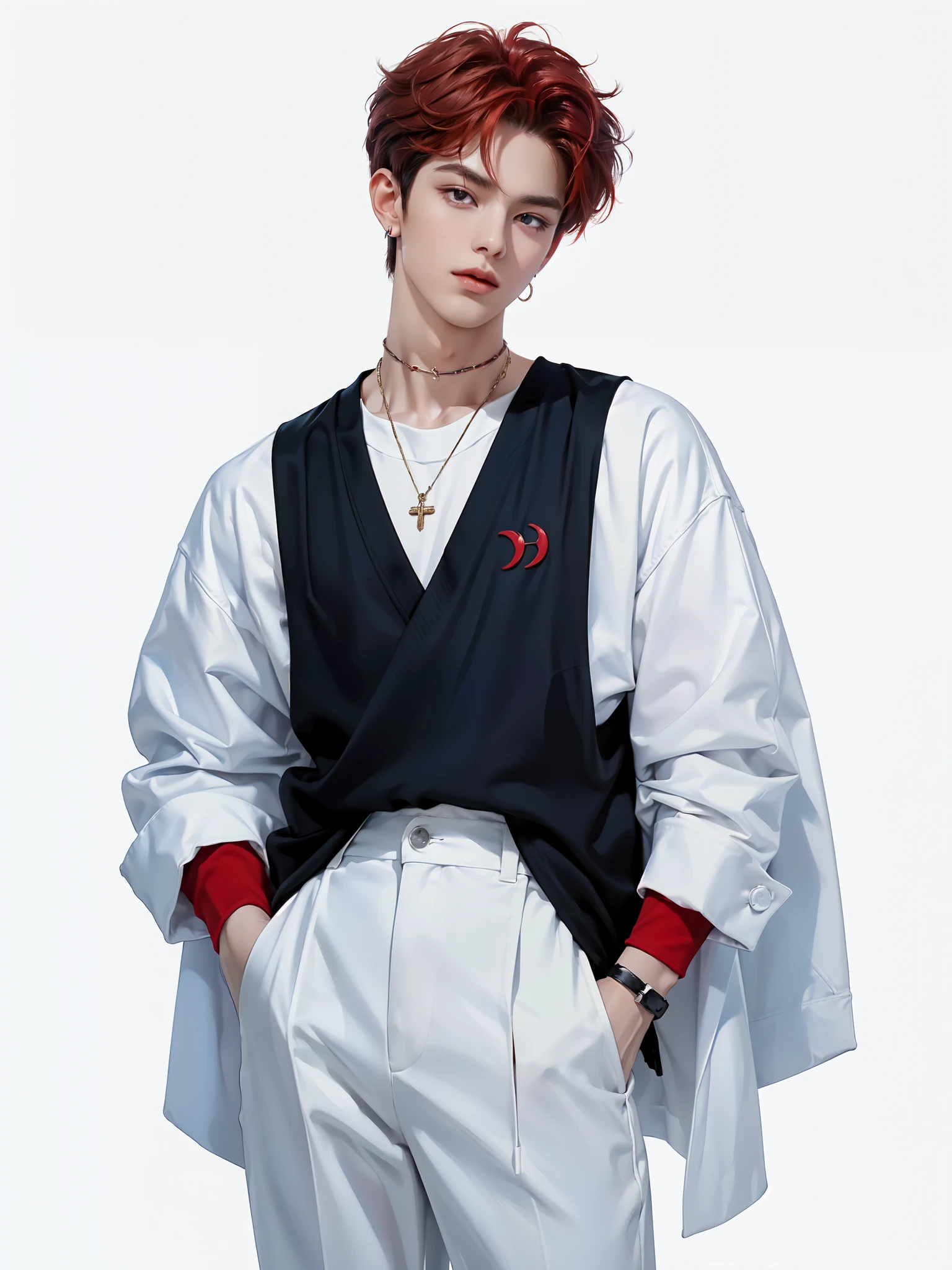 (4k)) ((  high quality foam  )) (( white background )) ((,  hair color amber red  )) ((blue pants)) стоит прмо One участник к-поп группы,    Yeongjun has a refined and attractive appearance    ........, ,  accessories that immediately make him stand out from others . He has soft features..........., perfect skin and expressive eyes, his nose is long, and plump lips. medium length hair,   slightly wavy  ,  and painted in a warm reddish tint with a slight honey tint . Он часто укладывает волосы вот So, So,  So, So, that her bangs cover her forehead on both sides , ,  that adds mystery and romantic look  . He wears :   A lightweight white t-shirt or top combined with a black or dark red silk or velvet vest.   braces can be left invisible or worn carelessly  , For .
  through  :    black pants with a shiny effect   .
  accessories:   metallic choker  ,  thin wrist bracelets  ,   clips or small earrings  ,    add details   .   Braces create contrast and add sass  . (  relaxed pose  )) (( full-length pose )) ((looks at me)) ((  hands are relaxed  )) ((hand in pocket) (( full-length pose )) ((painting in artistic style)) (( white background )) ((Выстрел One)) ((One))