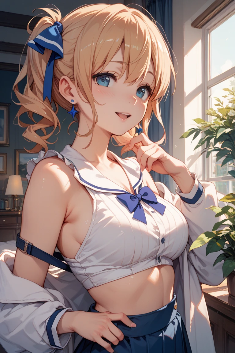 masterpiece, best quality, high quality, High definition, High quality texture, High quality shadow, high detail, beautiful detailed, finely detailed, extremely detailed cg, detailed texture, a realistic representation of the face, realistic, colorful, delicate, Cinematic Light, Ray tracing, sharp focus, (intricate details, makeup, PureErosFace_V1:0.5), (detailed beautiful delicate face, detailed beautiful delicate eyes, a face of perfect proportion, high detailed skin, detailed skin, best ratio four finger and one thumb, (((toppless))), (large breasts), (((cleavage))), ((Smooth texture, Realistic texture, Photorealistic)), Detailed beautiful eyes, Beautiful eyelashes, emerald eyes, Blonde medium hair 1 woman, at bedroom, (((sheer sailor shirt, Sleeveless, Open front))), (((Navel ))), (((Sheer Micro Mini Skirt))), (Beautiful face, Cute face, Detailed face), (cowboy shot), (((Sunny))), Perfect Eyes Eyes, transparent