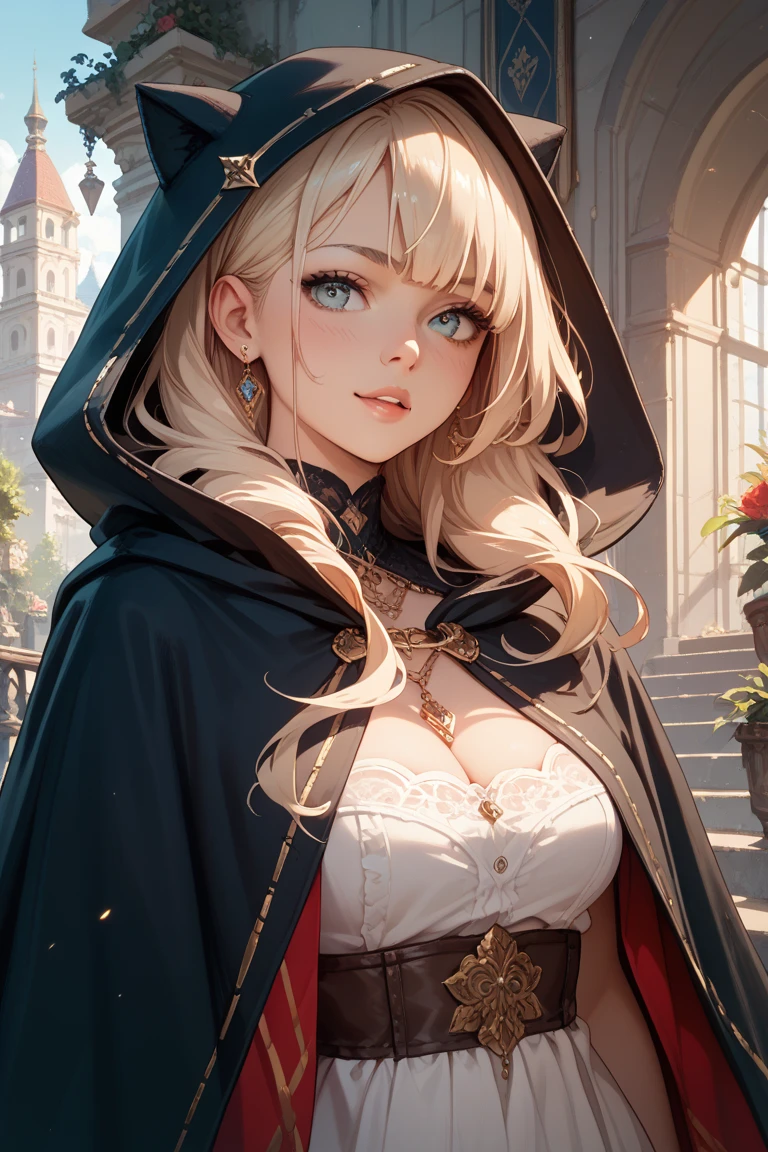 (by Greg Rutkowski: 1.2), (masterpiece), ((best quality)), extremely delicate and beautiful, illustration, highly detailed face and body. {{Cthulhu girl,}} bloody girl, devil's smile, hooded cape, collarbone, Heavy clothing, Very warm clothes, devil's smile, devil's eyes, red eyes, pale skin:1.6, dark corruption, cool face, HD. elegance. photorealism. Unreal engine. From Brian Froud and Carne Griffiths and Wadim Kashin and John William Waterhouse, 8K post-production, high resolution, hyperdetailed, depth of field, HDR, intricate