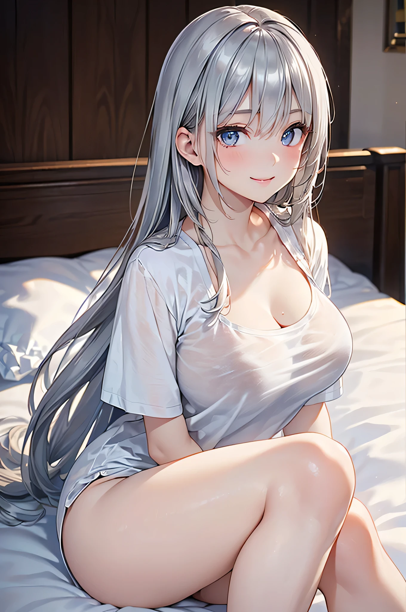 1Girl, 2, Solo, Anime, Ideal body, (Cleavage, Small breast, Hard Nipple). Beautiful, Gorgeous, Fresh, Blunt Bangs, (White Grey Hair:1.5),(Straight and Wavy Long Hair:1.3), sport shirt, sports, sporty cloth, Oversize, Comfort, Loose shirt, Fabric Texture. (Seiza:1.3). Earrings, Thin Black Headband, Eye Glasses, Green Accessories, Environmental Details, Bed Room, Natural Light, Modern Bed, Chair, Window, White Curtain, City View. pov, anime style, UHD, retina, masterpiece, accurate, anatomically correct, textured skin. High Resolution, Looking at the viewer, Blush, Best Quality, Award Winning, Accurate, Embarrassed, seductive smile, naughty smile, horny, sweating, Naughty Face, Chin up, lips open, Gradient Eye Color, Sexy Pose. In the top view shot, the body is bent to the viewer, in front of the camera, looking up to the viewer, tongue out, and with an open mouth. From Above, Close-Up, (sticky goo on breast), (white goo on body), (sweating). Milk, white milk on the breast. Hand correct, arm correct. 2 hand, 2 arm.