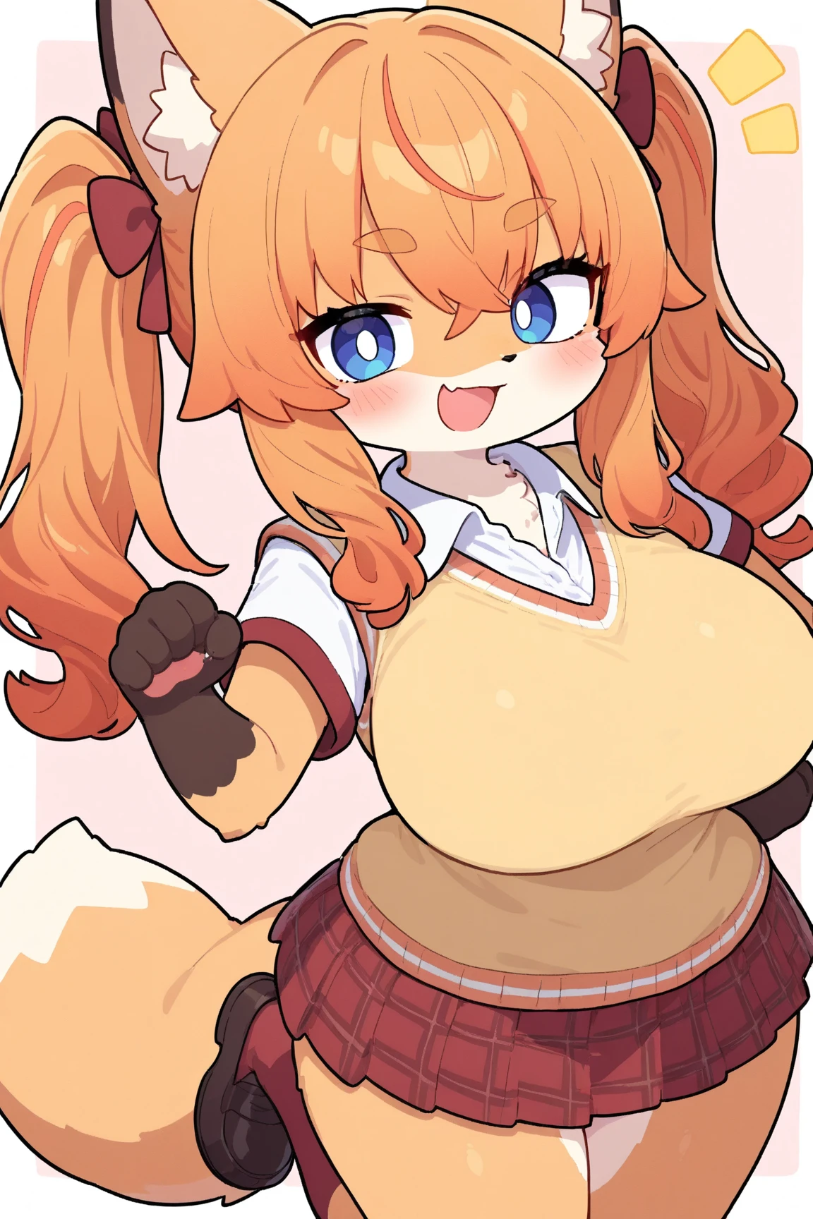1girl, furry, solo, Agatsuma Makina,long hair,blue eyes,twintails,orange hair,hair between eyes,crossed bangs,streaked hair,hair bow,school uniform,large breasts,Sweater Vest,short sleeves,pleated skirt,red skirt,loafers,darkblue socks,cowboy shot
BREAK animal ears,fox ears,tails,fox tails,cute,kawaii
