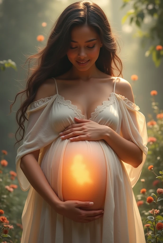 Step into a serene and luminous scene that symbolizes the profound love between a mother and her unborn child. In this detailed prompt, envision a stunningly beautiful pregnant woman with a mixed-race heritage, gracefully adorned in a flowing white dress. The soft fabric gently caresses her growing belly, accentuating the miracle of life within. Bathed in a gentle glow of light, the tranquil setting exudes a sense of calm and serenity, creating a perfect backdrop for the bond between mother and baby. As you imagine this scene, let the overwhelming love and anticipation radiate from the woman's eyes, capturing the essence of the extraordinary journey of motherhood.