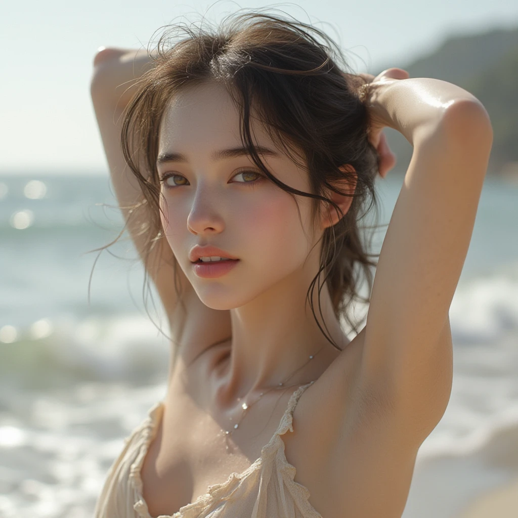 upper body shot、Front view、young beautiful japanese woman、gentle features、super cute face、glossy lips、double eyelids in both eyes、natural makeup, crying smile, long eyelashes are bright, Short bob and light brown hair、hair swaying in the wind, asymmetrical bangs、center image、8K、high detail、detailed hairstyle、detailed face、epic movie lighting、octane rendering、vibrant、surreal、perfect limbs、perfect anatomy, Lakeside at Sunset, topless, nipples