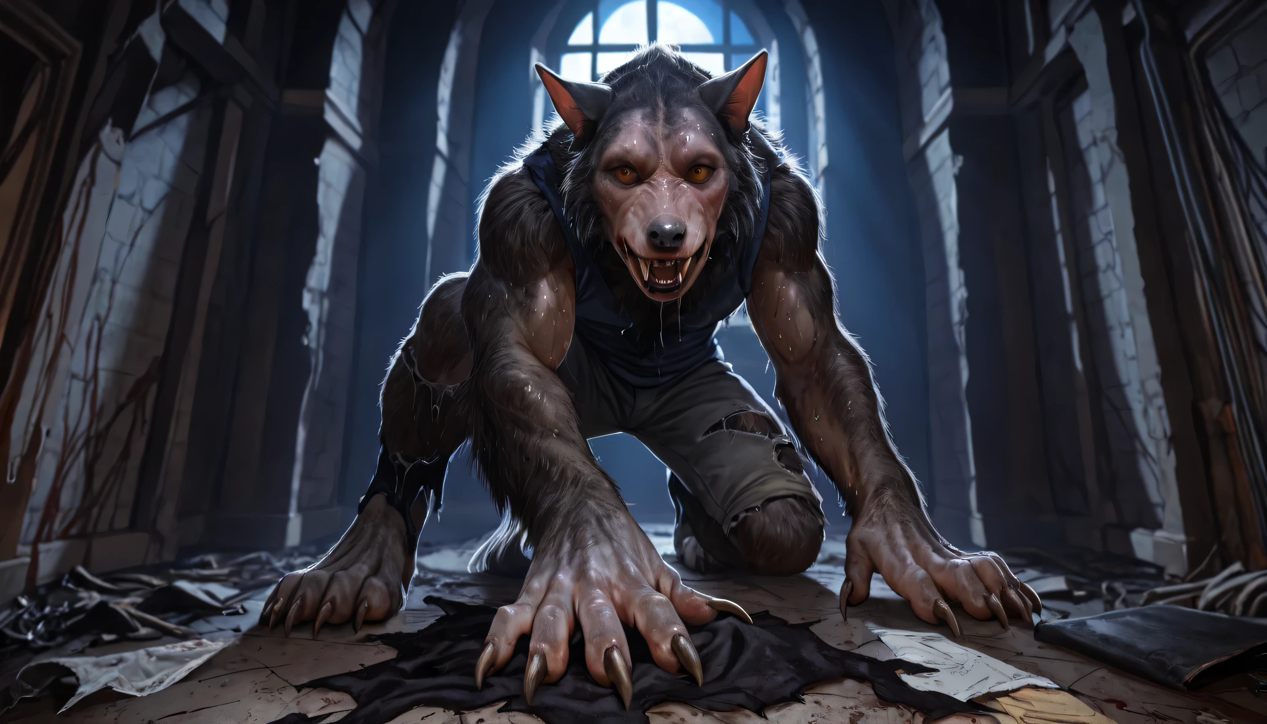 Pov, looking at own body, Werewolf:1.3, Werewolf transformation, body, morfing, paw:1.3, animal toes, grey thick fingers, claws, ((fur)), shaking:1.1, sweating, thick fingers, torn clothes, torn socks, deep night, ((darkness, dramatic moonlight, night)), abandoned church, ((Ultra-detailed, Realistic, realistic:1.37), 4k, 8k, RAW, HDR, UHD, Canon EOS P3, Canon EOS R3, 85mm f/1.4, 15mm, 35mm, 80mm, f2.8, high resolution, hd, full colour, 4k, high definition, sharp focus, smooth, Professional, cinematic, extreme detail, (high detail:1.4) description, masterpiece, deep shades, best quality,))
