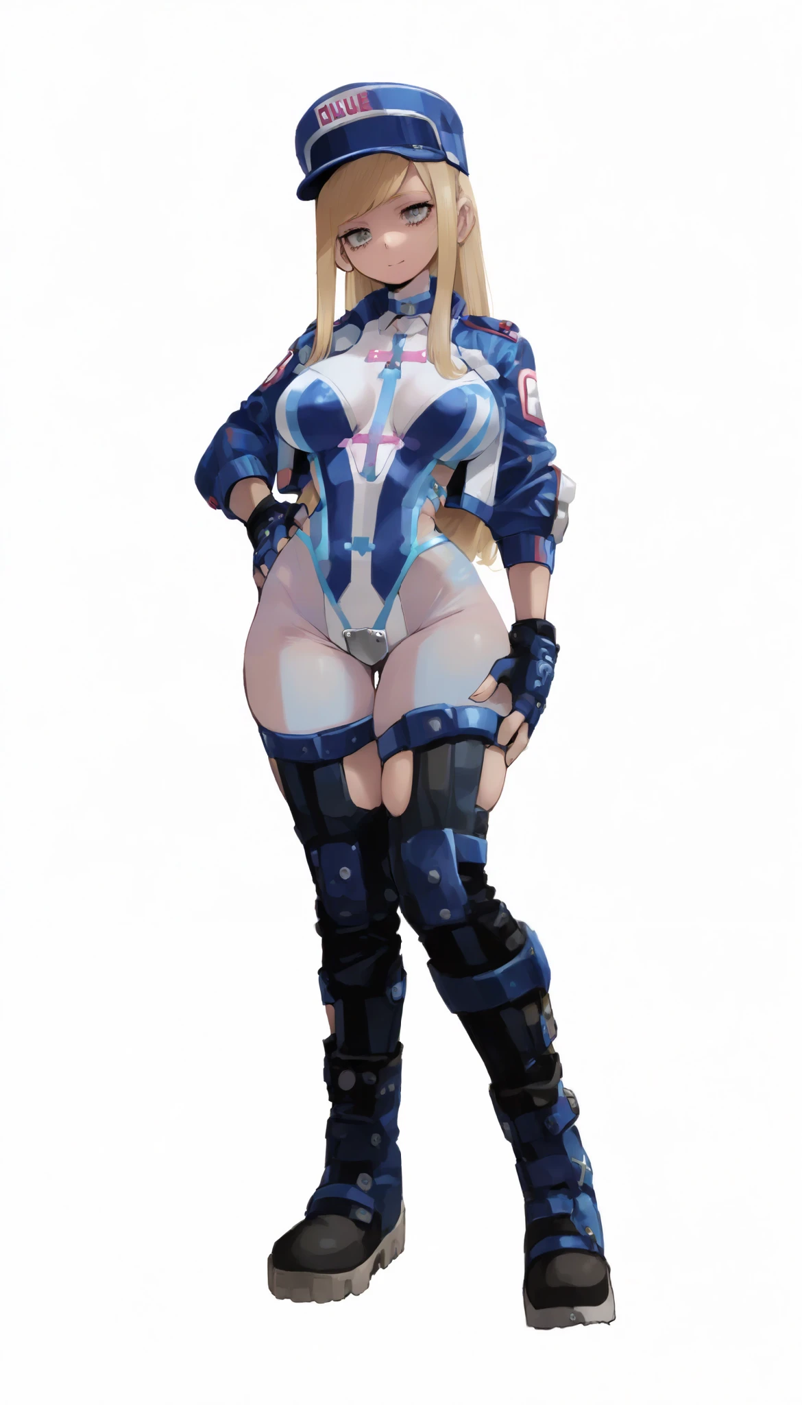 Clothes get torn、((White background、No background))、hurricane blue、ninpuu sentai hurricanger、(Ultra-detailed illustration、Ultra-precision performance、masterpiece、highest quality、超High resolution、High resolution)、tight clothes、(Big Breasts:1.5)、Leg spread、boots、Tight clothes、Plump body、Place your arms behind your back.、Chest