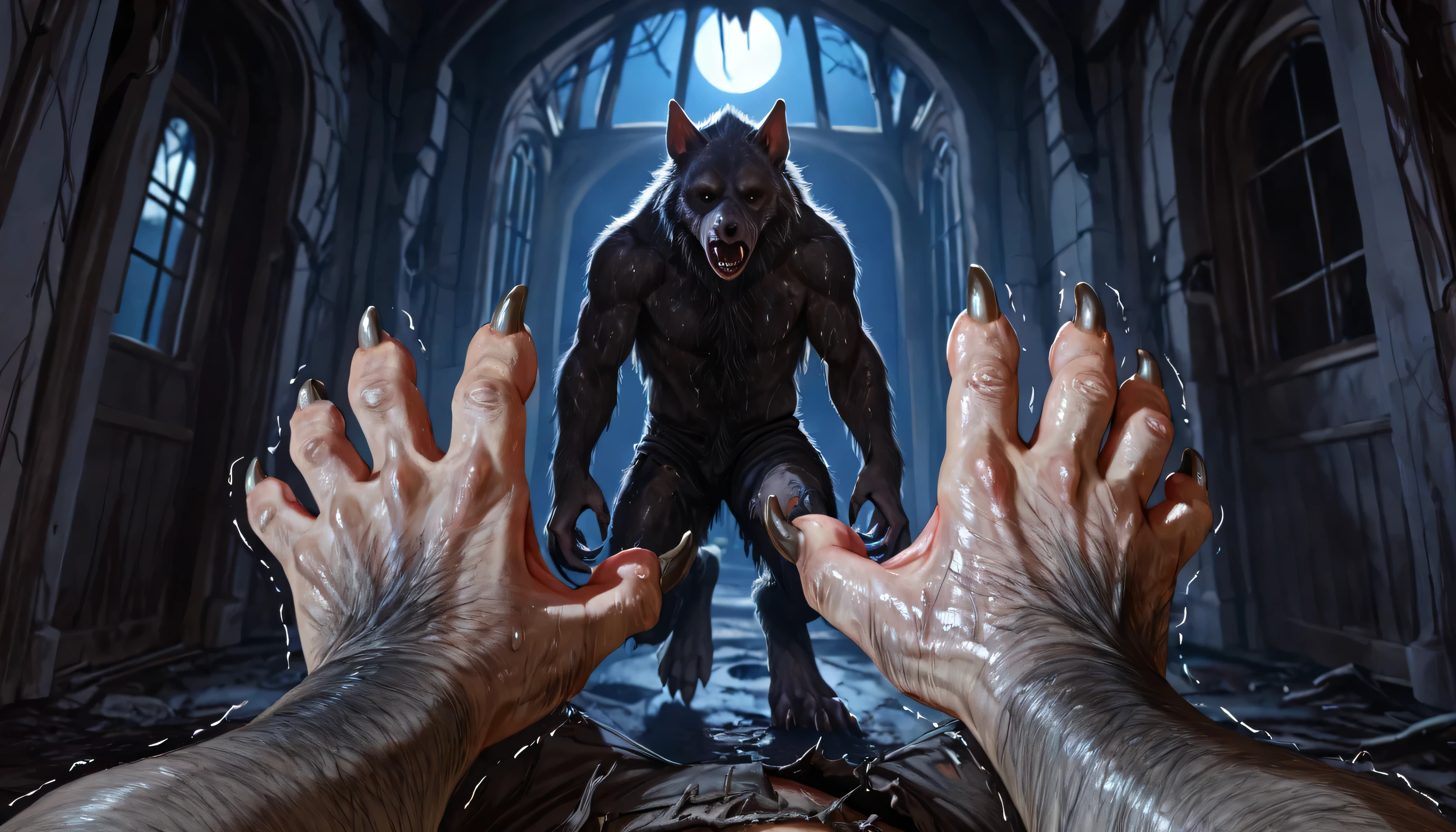 Pov, looking at own body, Werewolf:1.3, Werewolf transformation, body, morfing, paw:1.3, animal toes, grey thick fingers, claws, ((fur)), shaking:1.1, sweating, thick fingers, torn clothes, torn socks, deep night, ((darkness, dramatic moonlight, night)), abandoned church, ((Ultra-detailed, Realistic, realistic:1.37), 4k, 8k, RAW, HDR, UHD, Canon EOS P3, Canon EOS R3, 85mm f/1.4, 15mm, 35mm, 80mm, f2.8, high resolution, hd, full colour, 4k, high definition, sharp focus, smooth, Professional, cinematic, extreme detail, (high detail:1.4) description, masterpiece, deep shades, best quality,))
