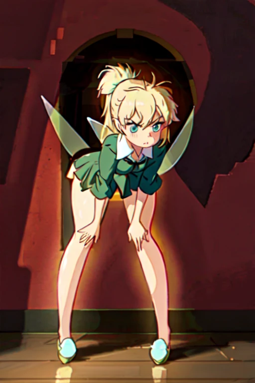 masterpiece, 1 girl, Avatar, Cute, looking spectator, yellow hair, red hairband, red horns, detailed face, hearts on cheeks, blurred background, wallpaper, ((blue dress)), ((Cute)), ((amazing)), upskirt focus view, green striped panties, panties close focus, under view, skirt lift, lowered panties, front view, wet legs