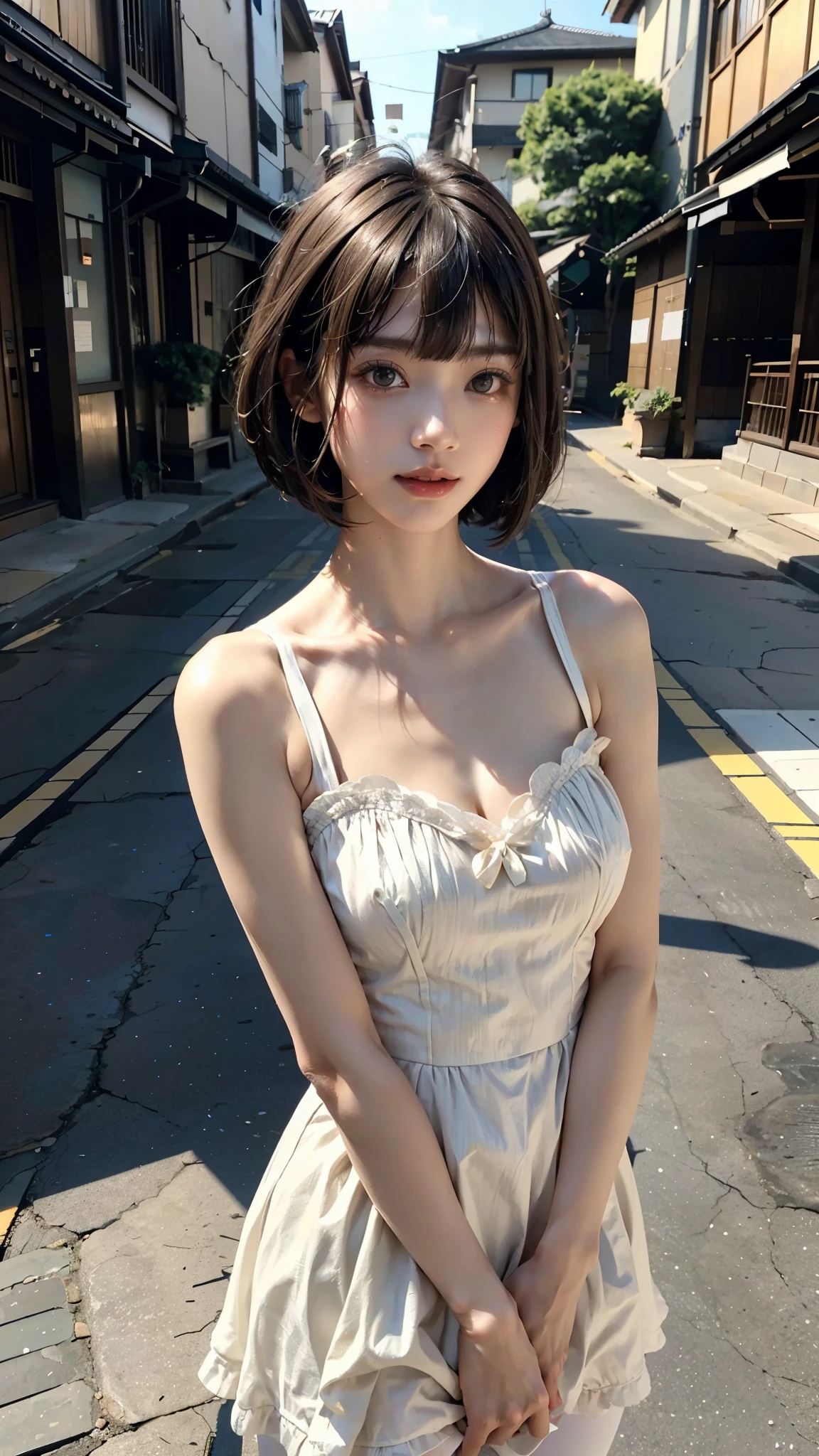 1girl, holding hands, dress, pov, pov hands, brown hair, solo focus, white dress, outdoors,brown eyes, day, sky, realistic, looking at viewer, short hair, building, out of frame, black hair, jewelry, bracelet,studio light,studio,photorealistic