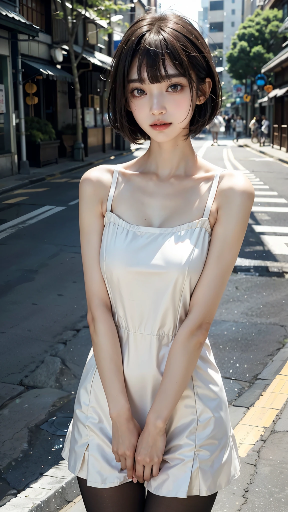 ((In the middle of a big intersection crowded with schoolgirls)), (The hem of the dress is spread wide on both sides:1.5), 16 years old, beautiful girl, (Baby Face:1.3), (whole body), (Slender body line), (Small and slender figure), (Beautiful breasts:1.3), ((Elegant light blue sleeveless dress)), (Sexy black underwear:1.3), (Straight hair that reaches above the shoulders:1.3), (Anatomically correct small hands:1.3), (Detailed hand:1.2), (high nose:1.3), (Natural Lip Gloss:1.3), (Cute small face:1.3), (Sparkling idol-like eyes:1.3), (Tight waist:1.5), (Slim thighs:1.3), (Detailed skin texture), (Whitening skin:1.2), (Photorealistic:1.4), (Professional Lighting), (Accurate Shadows:1.2), (looking at the camera:1.2), (((Highest quality, Ultra high definition, Masterpiece)))
