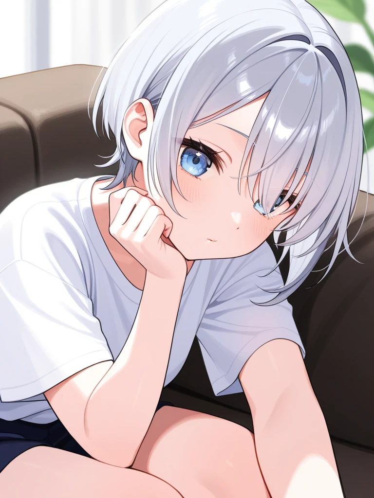 [(masterpiece), best quality, expressive eyes, perfect face, Adult female, tall, toned body, elf, short ears, very short white hair, silver irises, blushing, on knees, embarrassed, flustered, black ribbed tanktop, black cargo pants, d-cup , highly detailed, on living room couch, perfect detail, high quality, perfect irises, perfect eyes, perfect hands, close above view, looking up, looking at me, Alone, Non-nude]