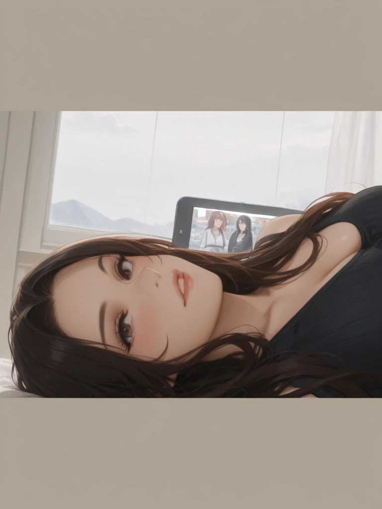 Browsing Caution，(Very delicate，highest quality、8k），(Man and mature woman having sex)，blush，Brown haired woman，Speech bubble，Adult Toys，smartphone，Drooling，Cunnilingus