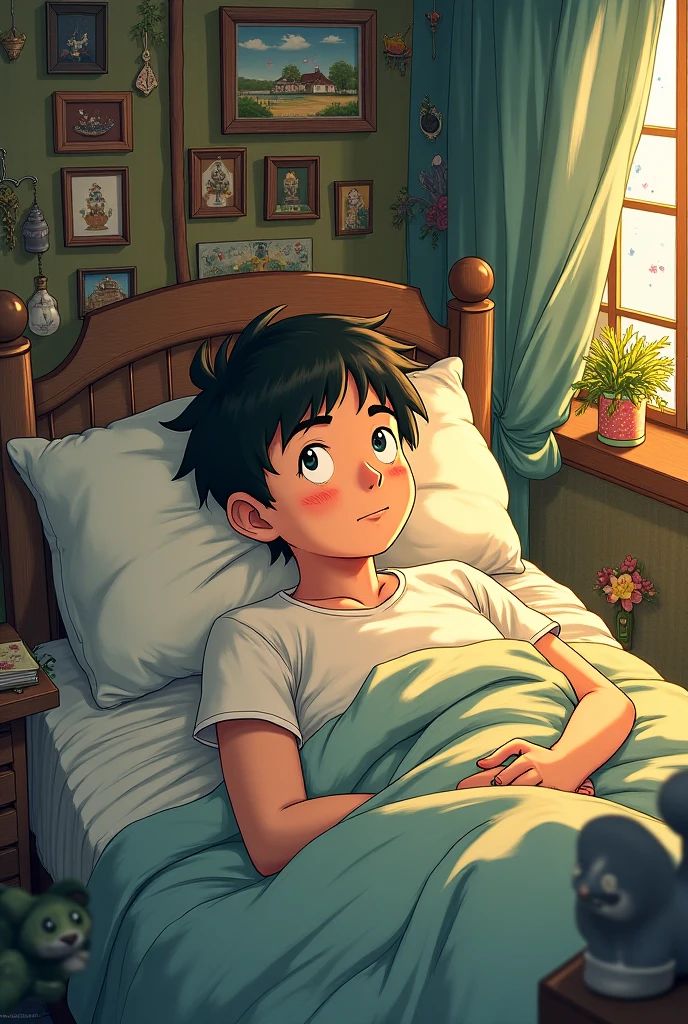 A boy with brown hair good jawline wearing a white polo sighing while laying down on his back in bed with a paper and pen next to him (anime image)