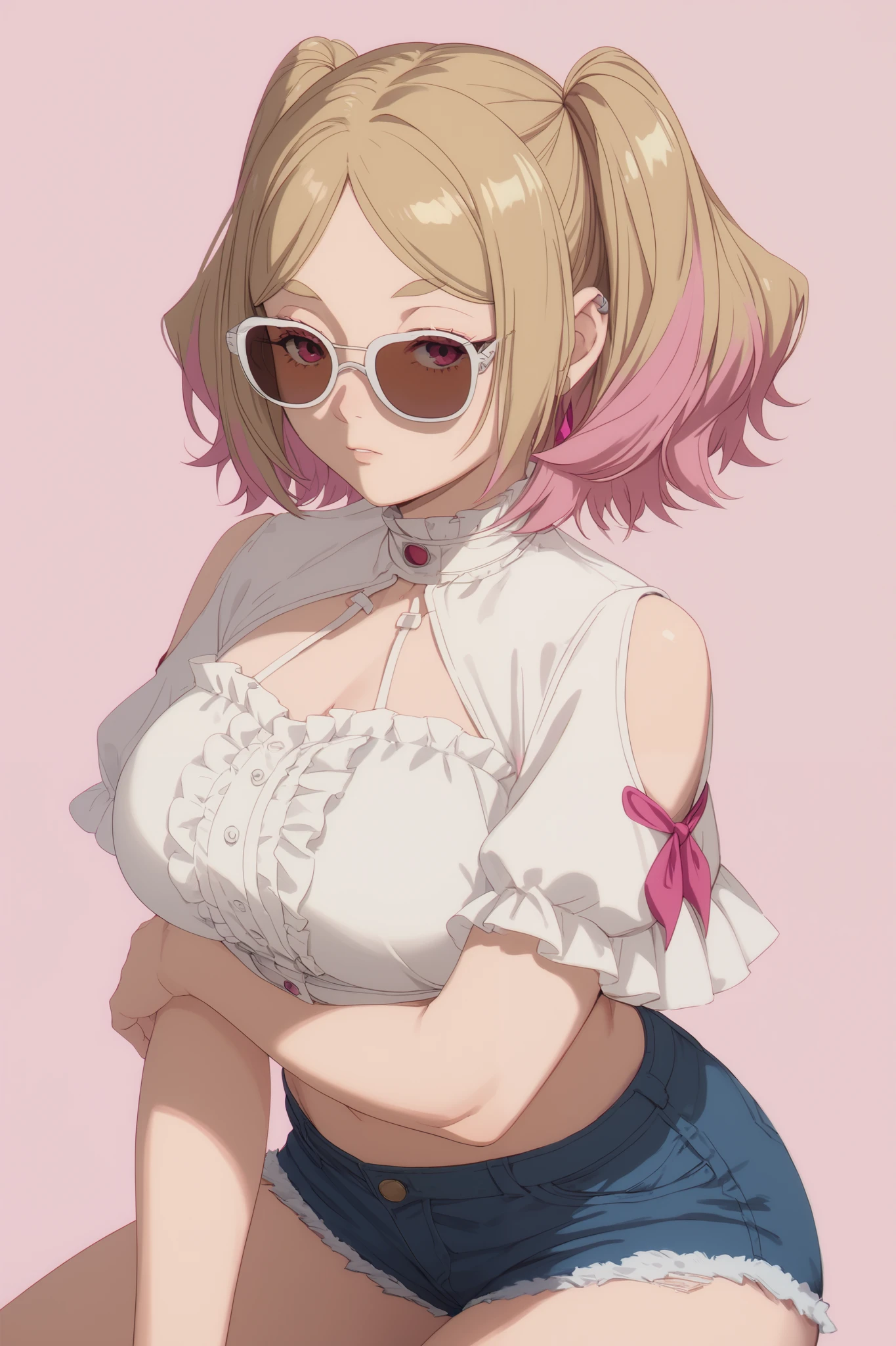 1 girl, short light blonde hair, bangs, pink highlights, pink iris, voluptuous, forehead star shaped sunglasses, white ruffled top, short denim shorts, simple background