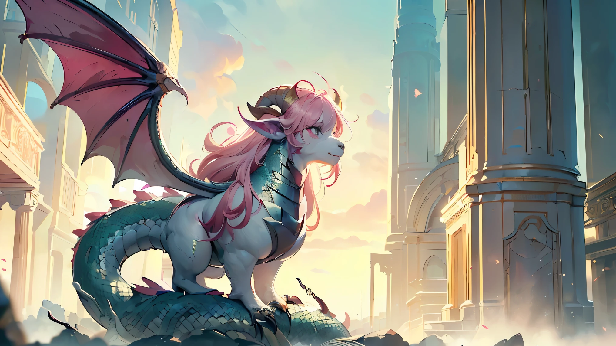 (((Best quality, 8k, Masterpiece: 1.3)), ((best quality)), ((masterpiece)), (detailed), perfect face, Monster, beastman, chimera, mature woman, dragon wings on her back, scaly arms, black pointed claws, tail (with 3 snakes), clawed legs, Has goat horns on her head, long wavy pink hair, scale armor