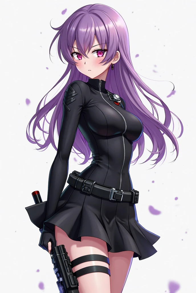 (red under shirt), (dark green round shoulder reinforcement with holes), (black body suit with crossing belts and fittings on neck),(a beautiful and cool girl), (purple eyes), (medium hair, straight hair, purple hair),(ace pilot), (science fiction)