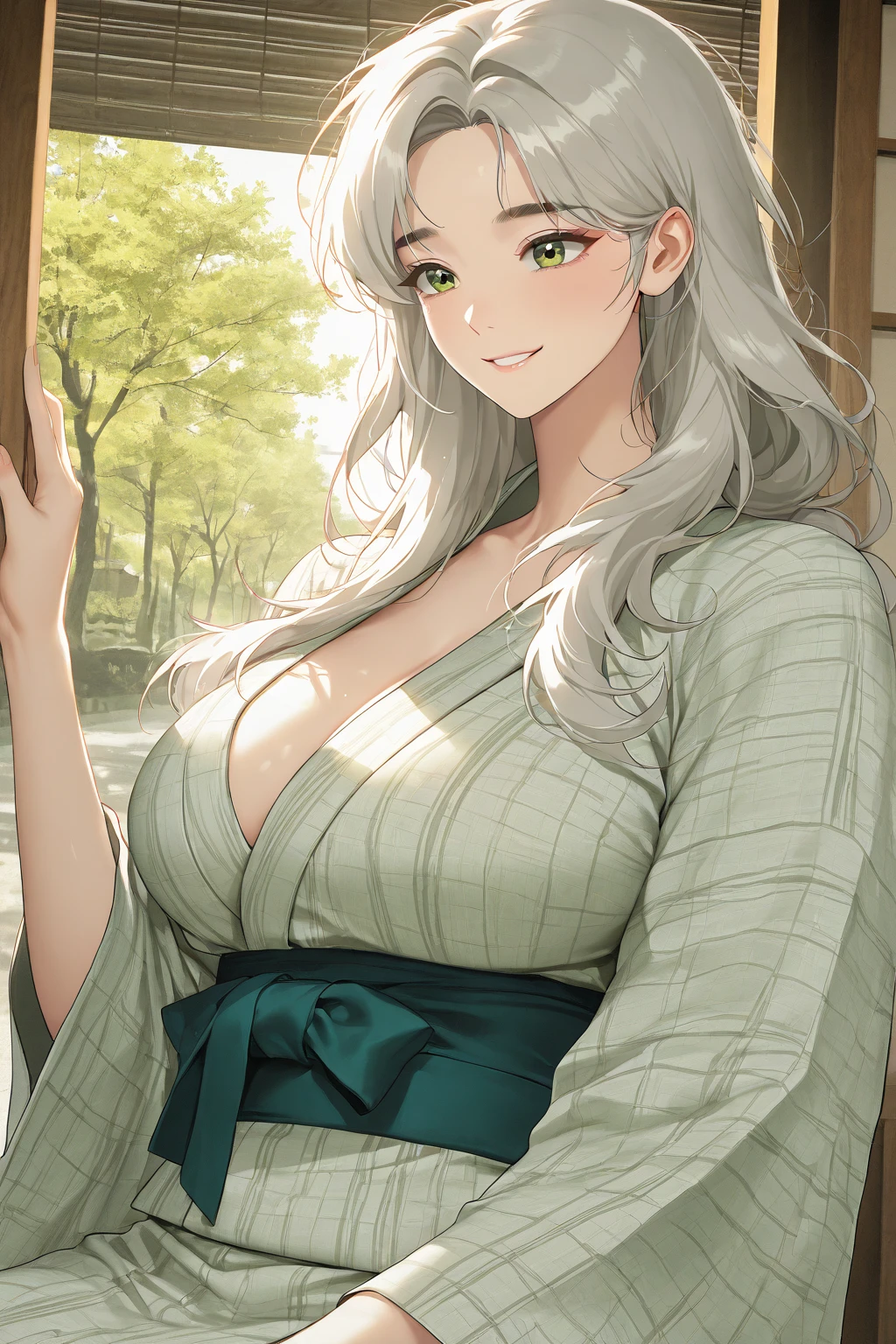 beautifuls pechos medianos redondos, 1Girl, ((Silver wavy hair, Hair parted on the right side, clips, romantic decoration )) ((Girl, beautiful)) Light green eyes, has an beautiful sensual body with freckles, with full breasts and thin waist, HIP HOP Beautiful and cute skirt with heart print., short sweater, delicate long-sleeved fabric, has a bold appearance. young, quality, realist, best quality, cute expression, pink lips lipstick, sexy smile, in the hallway of the house, Japanese traditional house