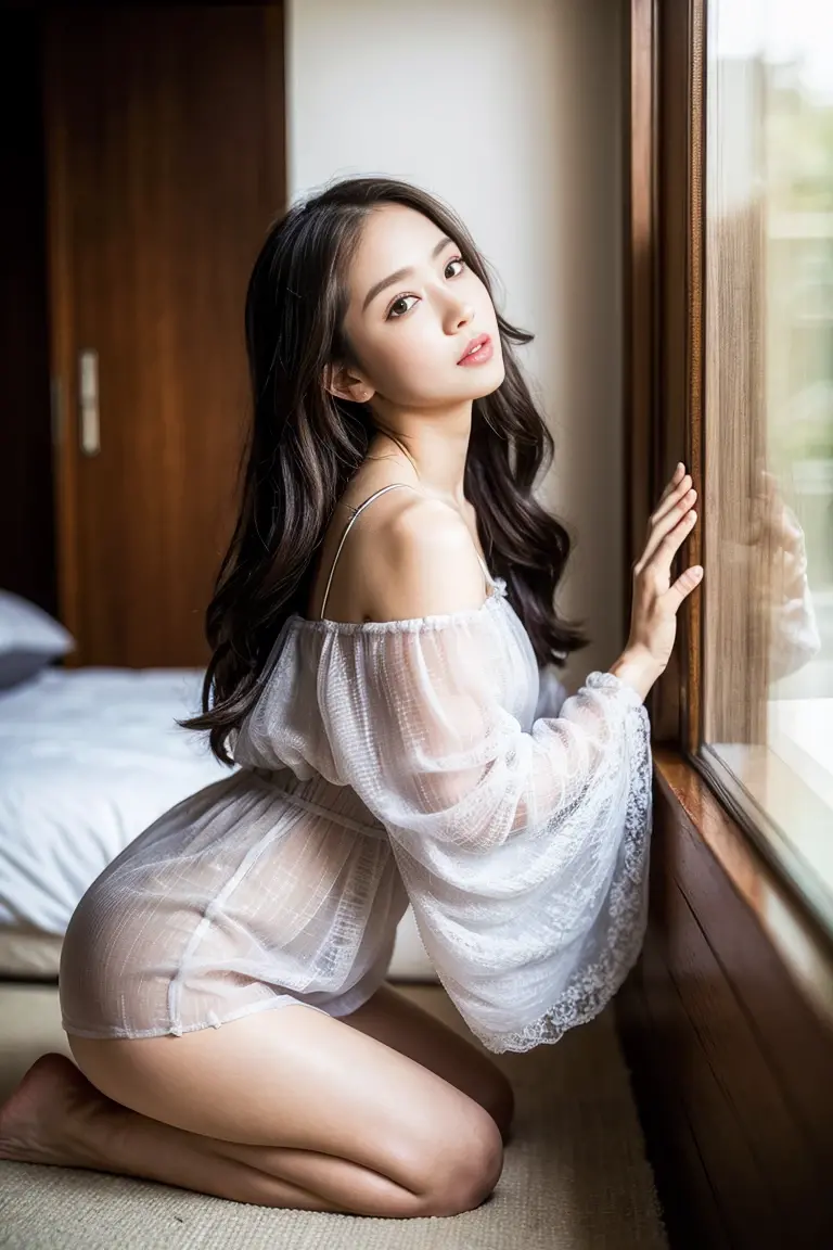 There's a woman sitting on a bed with a bunch of guns, Ulzzang, Sakimichan, Heonhwa Choe, renda branca, Jinyoung Canela, menina coreana, em roupas brancas, Guweiz, cruel korean goth girl, Garota sexy, Gongbi, pale milky white porcelain skin, com cabelos longos e olhos penetrantes
