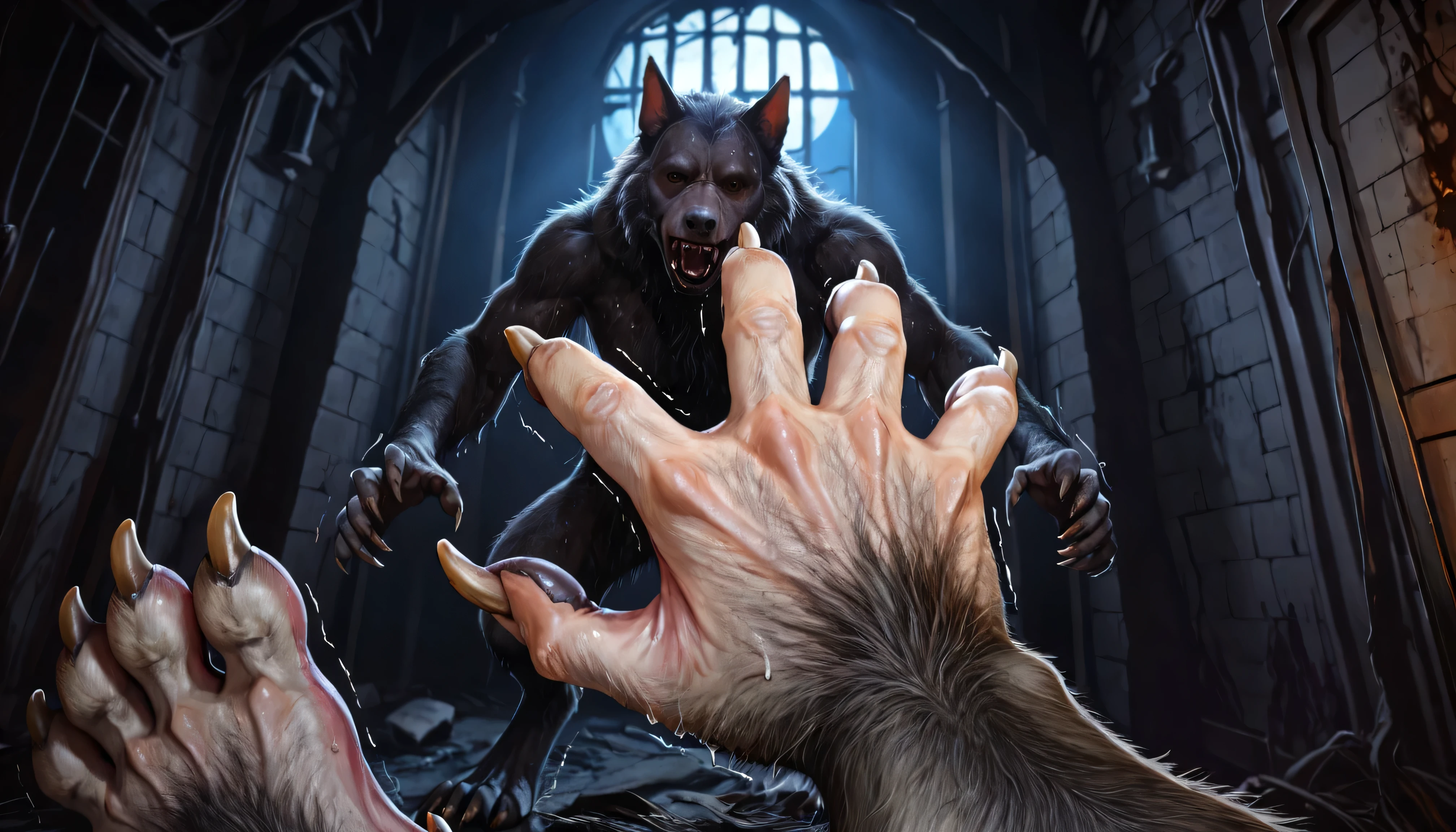 Pov, looking at own body, Werewolf:1.3, Werewolf transformation, body, morfing, paw:1.3, animal toes, grey thick fingers, claws, ((fur)), shaking:1.1, sweating, thick fingers, torn clothes, torn socks, deep night, ((darkness, dramatic moonlight, night)), abandoned church, ((Ultra-detailed, Realistic, realistic:1.37), 4k, 8k, RAW, HDR, UHD, Canon EOS P3, Canon EOS R3, 85mm f/1.4, 15mm, 35mm, 80mm, f2.8, high resolution, hd, full colour, 4k, high definition, sharp focus, smooth, Professional, cinematic, extreme detail, (high detail:1.4) description, masterpiece, deep shades, best quality,))
