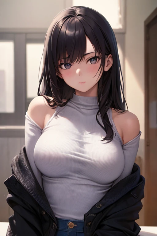 (best quality,4K,8k,high resolution,masterpiece:1.2),super detailed,(actual,realistically,realistically:1.37), Ultra high definition face, A long-haired woman wearing a black top and a necklace, black hair, Wearing black tights, large breasts, large , huge breast, Crazy swollen breasts, The breast is larger than the shoulder blade, Breast sagging, fitness model, rosy cheeks