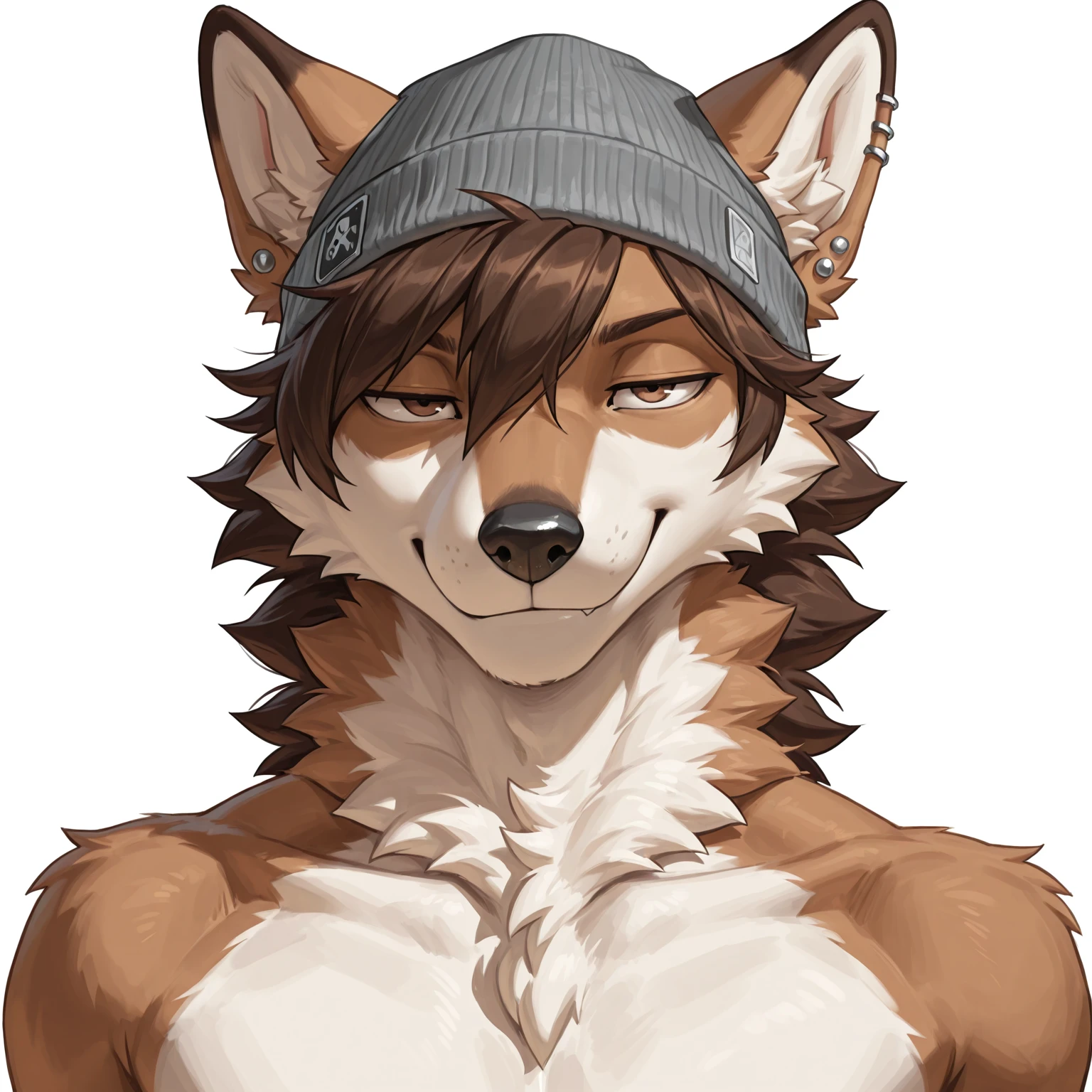 Solo, male, Light brown hare, in one color tone, with long ears, hare, green hair, shirtless, chest, big chest view, ((focus body, furry focus, shades focus, body shades)) (((gray background, gray wallpaper, one color))), by darkgem, by mystikfox61, by glitter trap boy