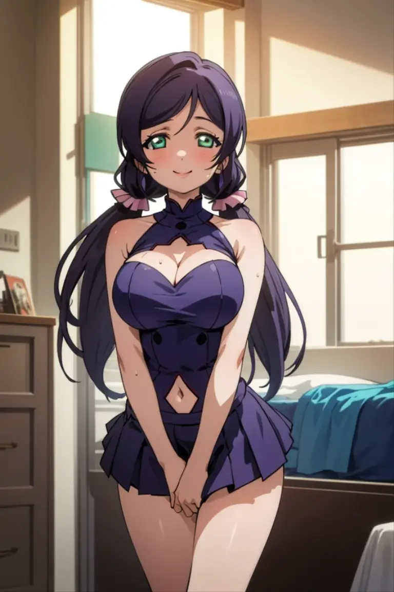 (masterpiece, best quality), 1girl, nozomi toujou,huge breasts,devil costume,my room,sweating,sleeveless,navel,miniskirt,looking viewer,smile,cleavage cutout