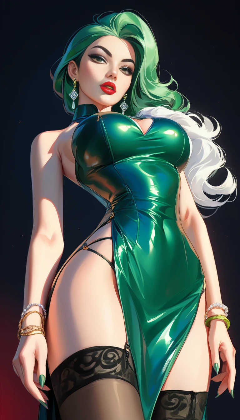 Beautiful nude woman with massive breasts. The breasts are not covered by anything. Red full lips. Beautiful girl in a long floor-length dress. The dress is made of transparent fabric and decorated with lace. The dress is red. very long curly hair neon blue hair and neon green hair and neon red hair. Transparent black stockings with lace.