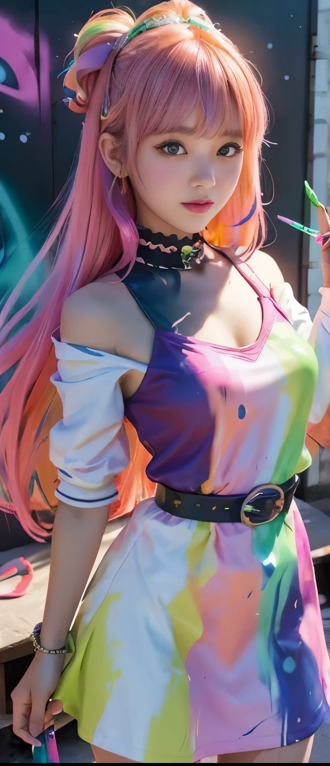 Elegant Colorful Idol Girl(Painted Colorful Elegant Hair)、A pure girl's face、 hypo、elegant mini dress covered in paint(Castle drawn with fluorescent green and pink and orange)、elegant belt、Glowing Paint Spray、graffiti art、Elegant Diadem