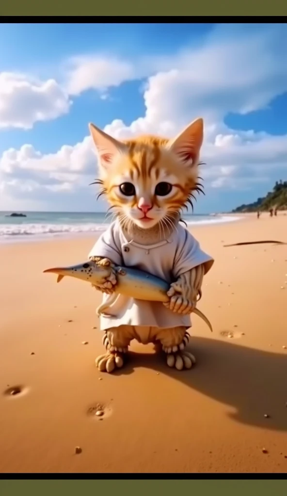 Take a walk on the beach、17 years old、girl、alone、Walking with a brown tabby cat、