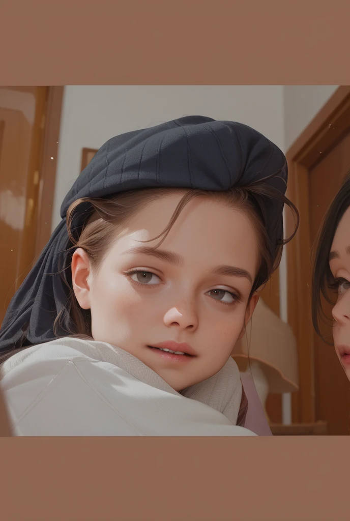 there is a  wearing a capuchaie and holding a cell phone, beige, pretty girl, round capucha, cold as ice! 🧊, , muy lindo e , 2 0 2 0 moda, capucha, CHILDs, linda hermosa, capuchaed cowl, vistiendo un pescador 🧥, girl wearing capuchaie, katelynn mini lindo estilo, hermoso lindo