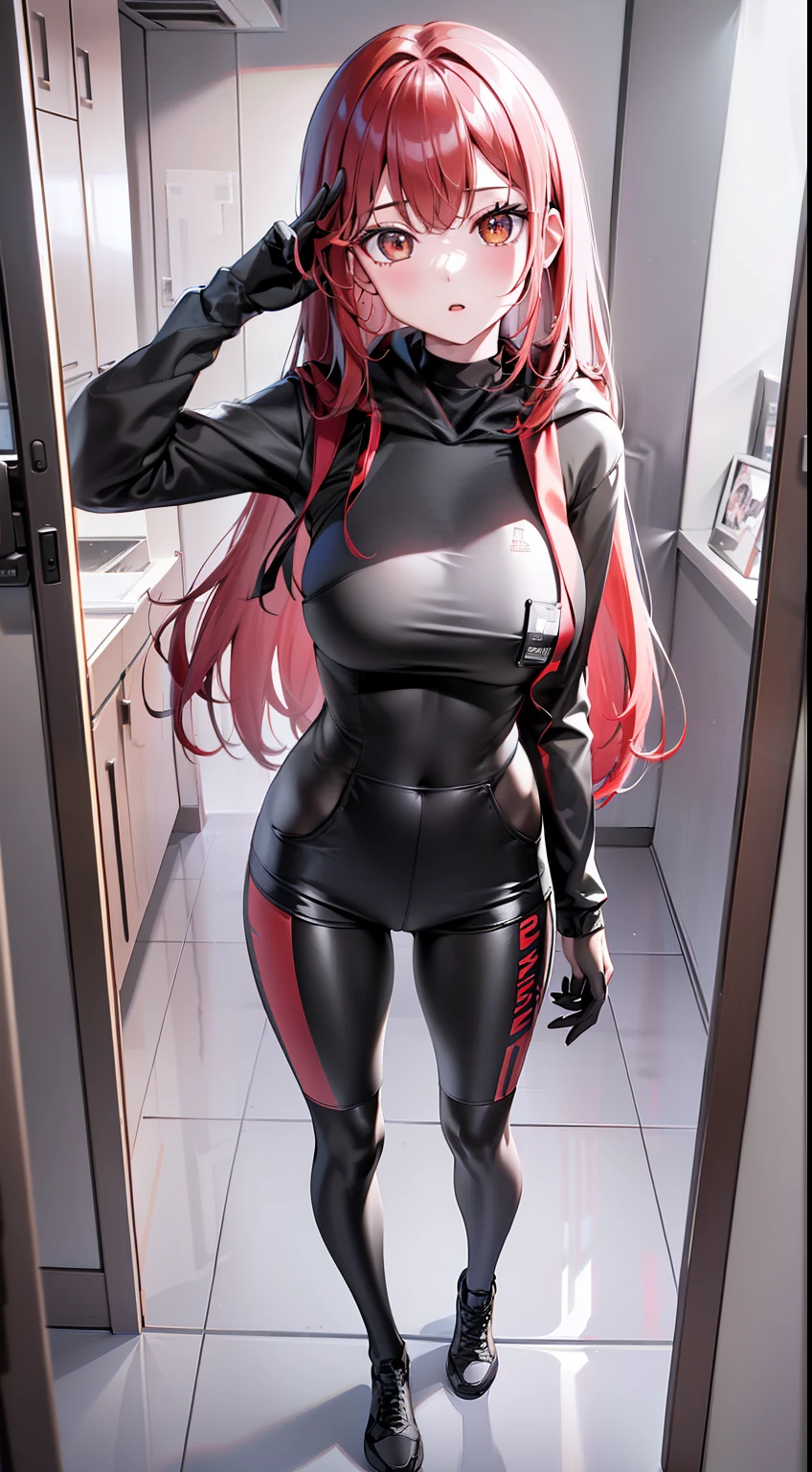 red-pinkish hair, green eyes, long hair, miniskirt, sexy panty, belly free, athletic, sexy outfit, white and black clothes, bondage, 1 girl, kneeling, gag