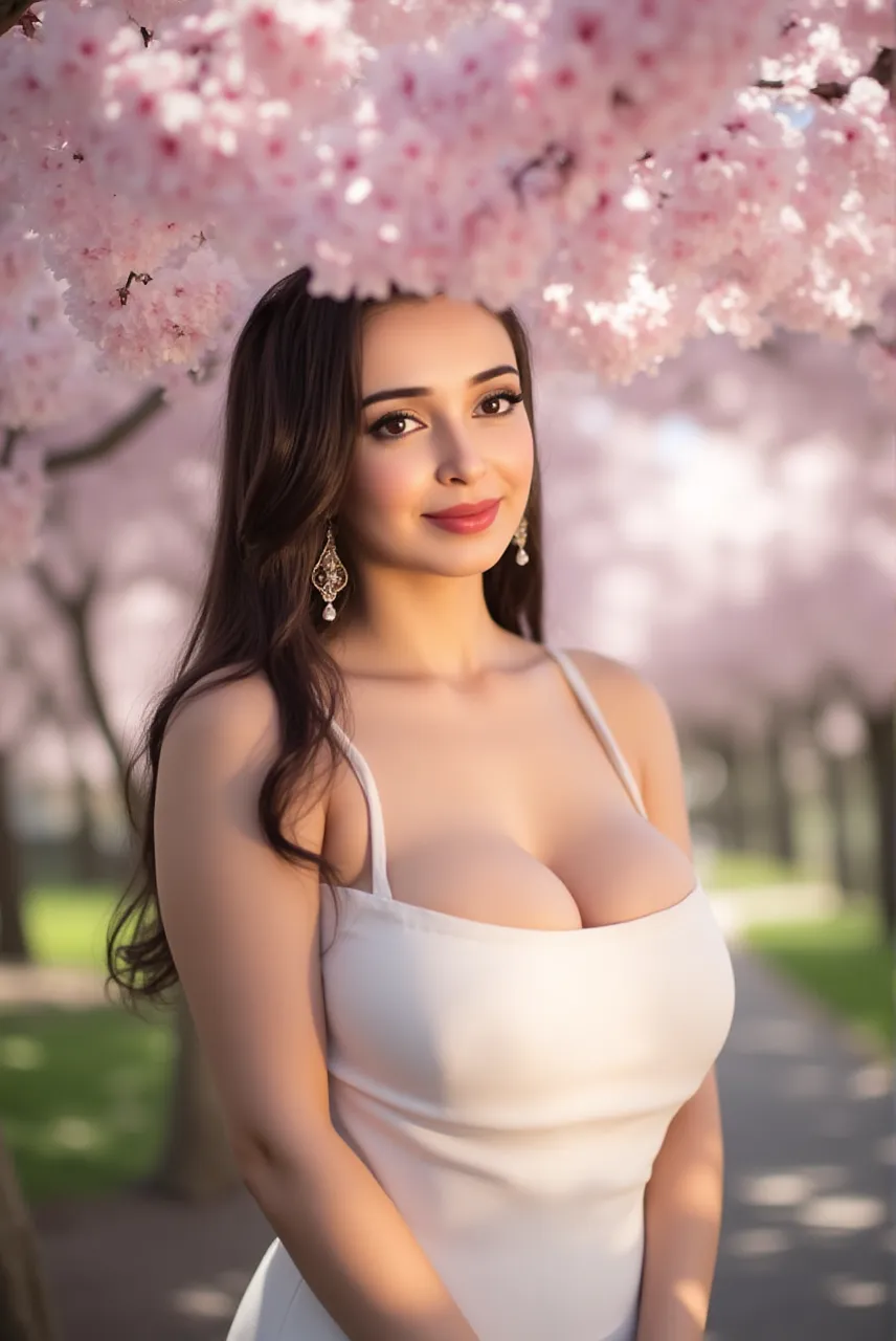 (best quality) (upper body shot) Beautiful middle eastern woman smiling with hands covering breast wearing red and pink silk garments showing cleavage standing in a cherry blossom forest with leafs falling around her, realistic, HDR, 4k