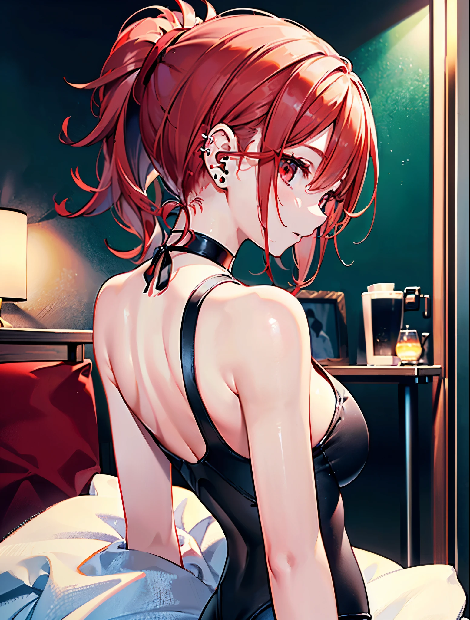 Highest quality, masterpiece , wallpaper, beautiful girl, Highly detailed eyes and face, Beautiful attention to detail, Blue Eyes , Beautiful dark red hair ,crisp finger, clear background, deep night, 20-year-old , Large Breasts、Nipples , Hairstyle Two Side Up , Mole on cheek , Ahegao , Ecstasy face , Fatty face , Sticking out tongue , Drooling from the mouth , Nakano Nino , whole body , Lots of sweat . sexy pose , Costume Cardigan , Slut , vagina open , Pull up your skirt