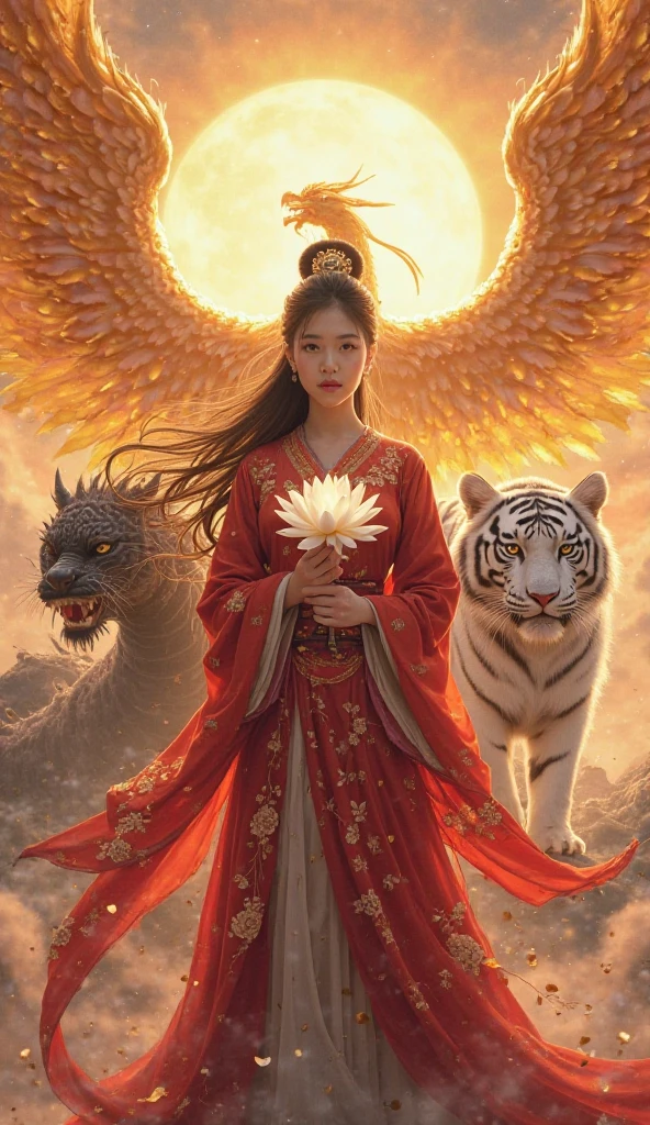 Little ??? Goddess Durga with a baby cub holding in her hand, beautiful eyes and cute cheeky smile, wearing red saree, sitting folded legs, watching towards the camera, ultra realistic, hyper detailed full body picture, hyper realistic, Ethereal random colors of power rages, dramatic style, full body shot, cosmic, outer space, fire color art, highly detailed, highly detailed symmetric beautiful eyes, celestial beauty, surrounded by fire rage colors in the whole universe in style, perfect shading, dramatic lighting. The artwork should be centred, stylized and elaborated, rendered in 8k resolutions, artstation, concept art, smooth, sharp focus, highly detailed, soft nature volumetric light, depth of field, masterpiece --auto --s2