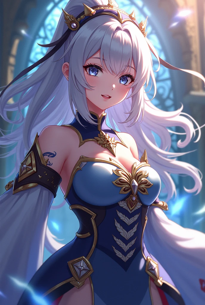 1 girl、Silver Hair、Fantasy style clothing、Side lace、mini skirt、Blue and black decor、Bigger breasts、barefoot、Chest open、Shoulder Bare、Upper body only