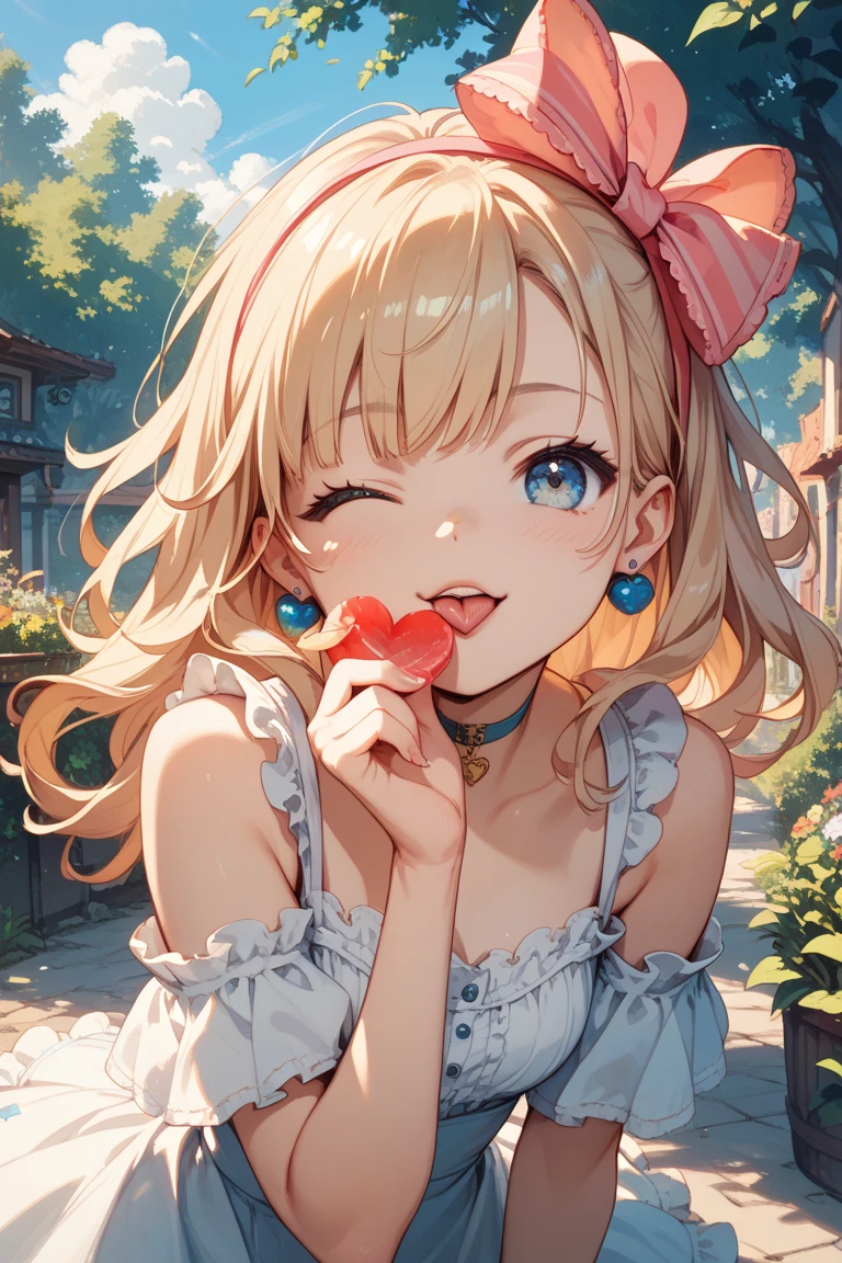 girl,cute,(thin blonde hair:1.2),(long hair with curls:1.2),(Drill Curl:1.25),(With bangs),(Eye size:1.5),(Lace dress:1.3),(White corset:1.3),(blush:1.2),(small breasts:1.6),(Smile slightly:1.1),(close up of face:1.25),(Background of blooming flowers:1.25),(white, pink, light blue, and yellow-green),(Heart in the hand:1.5),