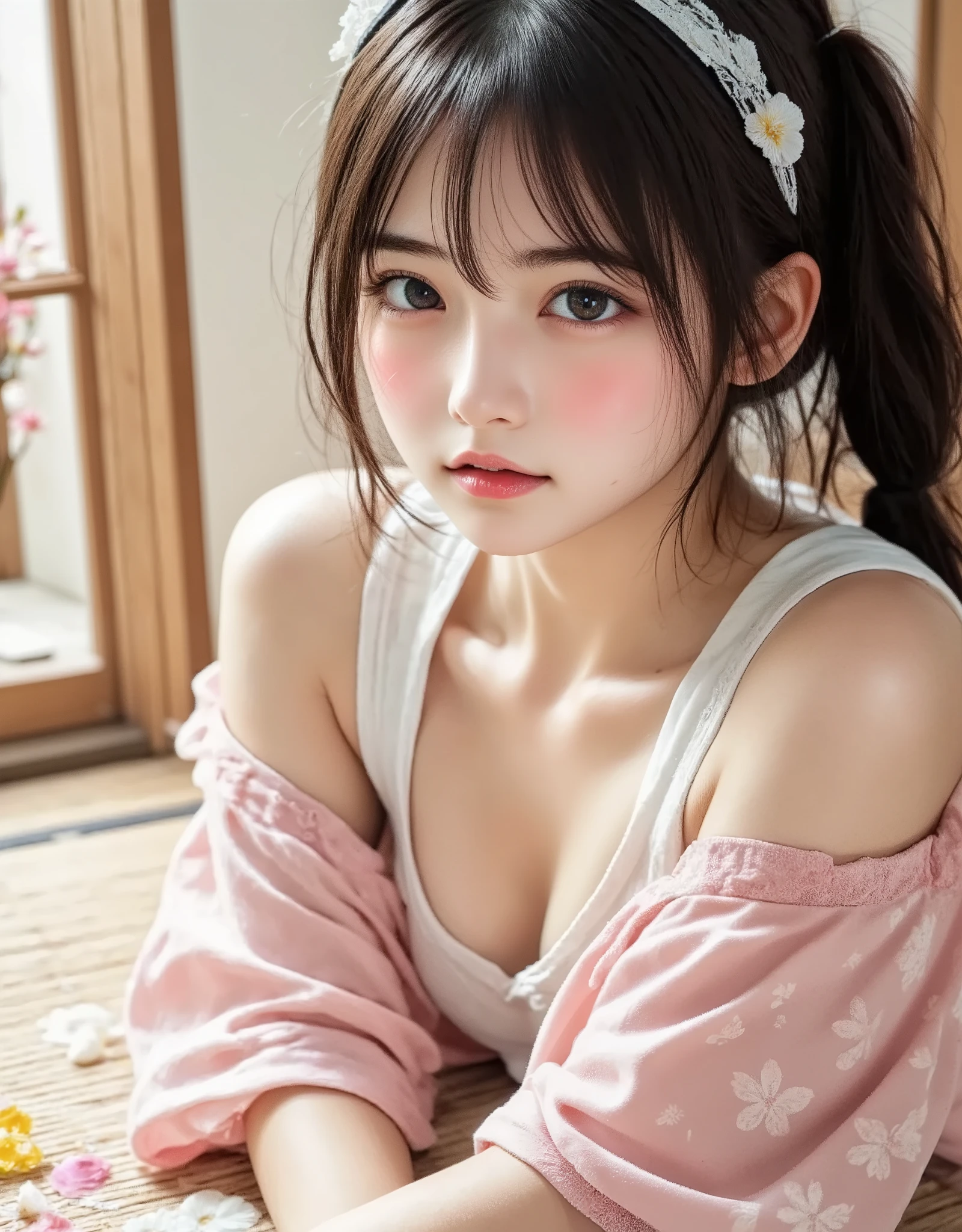 ASİAN, kimono with neckline, wearing bra, photoshot, realisitic, baby face, 14歳, lace on bra,