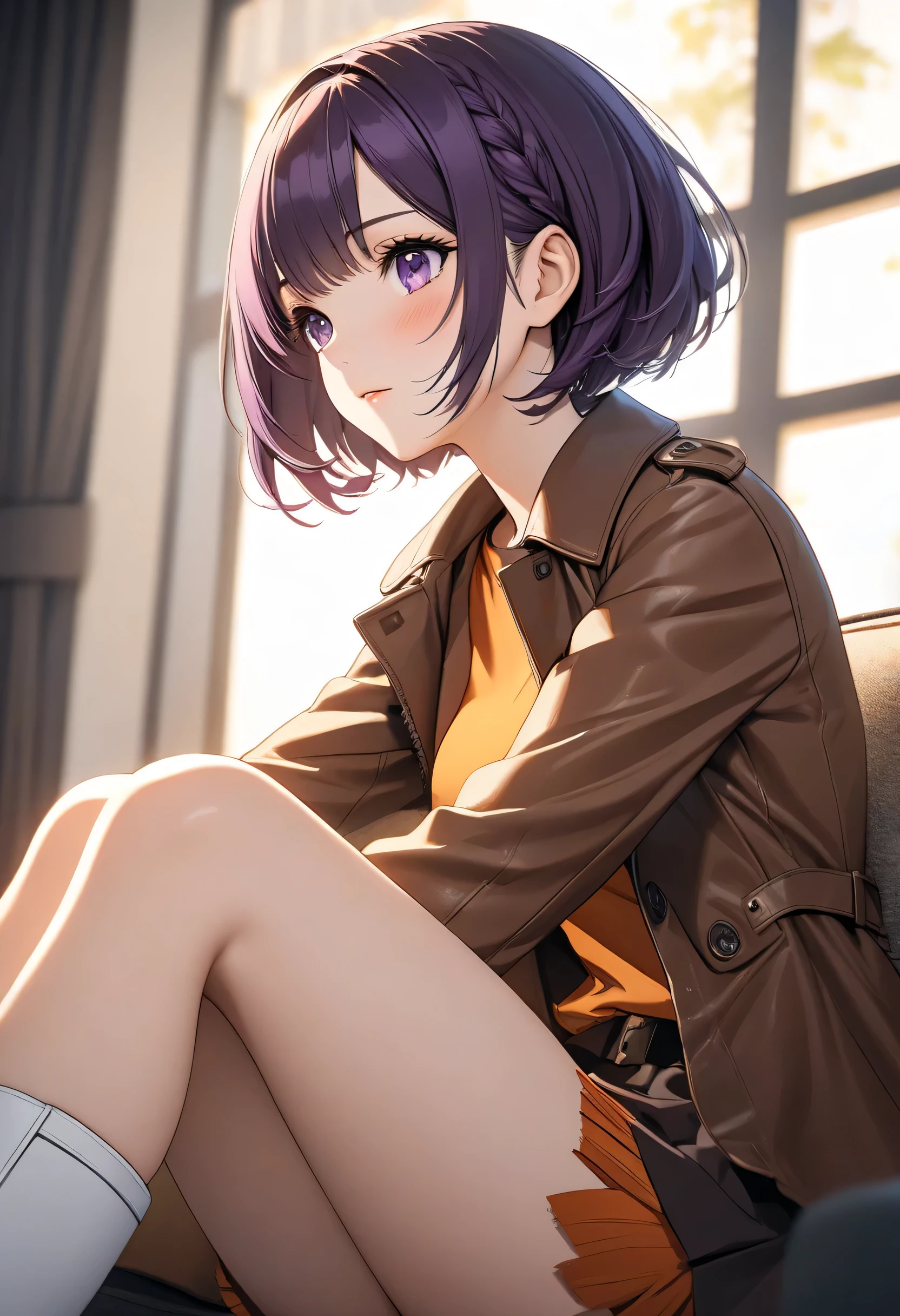 ((Masterpiece, better quality, High resolution, UHD, perfect pixels, depth of field, 4k, RTX, hdr))), 1 girl, single, alone,  beautiful anime girl , beautiful artistic style, anime character style hairstyle, ((serene look, short hair, Fringe in the center  , dark purple hair )), (purple eyes shirt: 1.3, rounded eyes, beautiful lashes,), (Detailed view, blush: 1.1), (smooth texture: 0.65, realistic texture: 0.6, photorealistic: 1.1, anime cg style), medium breasts, (dynamic angle, throw, foreground, looking at the spectator), perfect body,(orange blouse with yellow, 60s-style leather trench coat color black, 60s-style green miniskirt and white boots), ((She's sitting cross-legged on the couch in a living room, in profile looking closely at