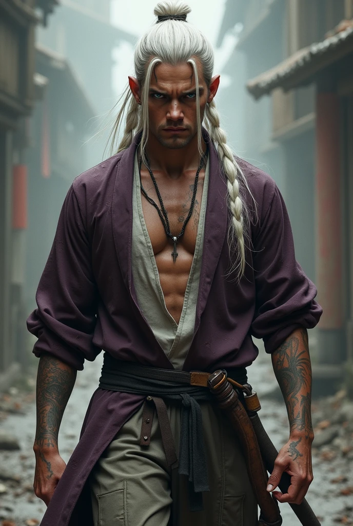  Elf man with white hair, monk in a fighting stance, fantasy style, realistic image   ,dragon tattoos on arms