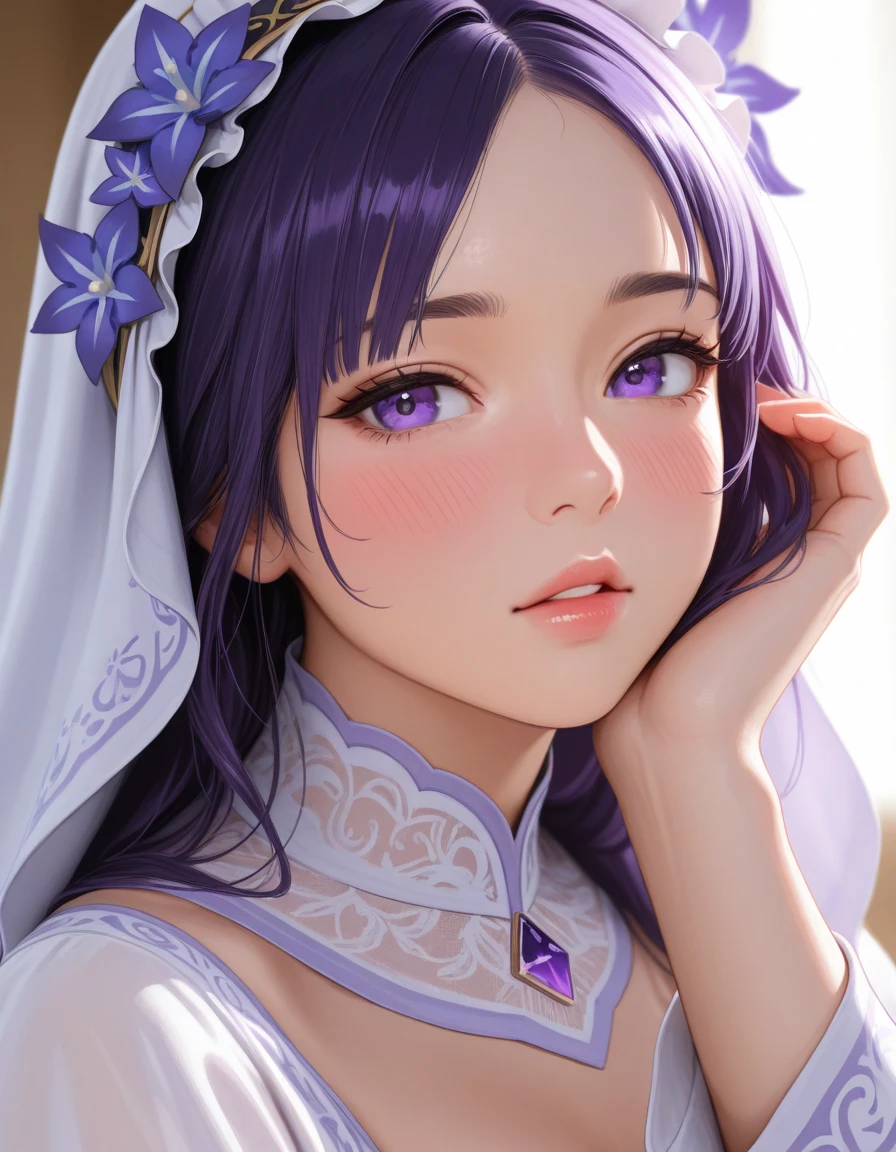 1girl ,score_9, score_8_superior, score_7_superior, High-resolution images,masterpiece,Highest quality,girl,Cute Face,,Poke out your lips, large breast ,Beautiful Skin,_Shogun_Genshin Impact, Purple long hair,Both eyes closed,Slouching,hold out both hands to the viewer,Put your hands out in front of you