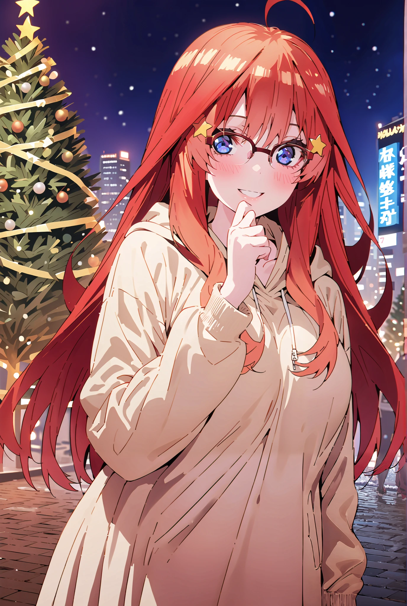 score_9, score_8_up, score_7_up, source_anime, Nakano Mizuki , long hair, stupid hair,blue eyes, hair ornament, red hair, glass, star ( symbol ), half updo,Half-rimmed glasses, Rim under eyewear, star hair ornament,smile,cover,close your mouth,Big Breasts, red oversized hoodie , WHITE LONG SKIRT,sneakers with lady back letter,winter,christmas tree,illumination,snow,is standing,beautiful scenery,building,destroy the whole body to match the illustration and place them outdoors, city,
GREEN RAZY HILEG LEOTARD,full body
Break (masterpiece:1.2),Top Quality , kampala,unity 8k 壁紙,(shape:0.8),( , beautiful eyes with a vagina :1.6), It's a person ,full body photo, CG Details , (perfect hands,Complete Anatomy),