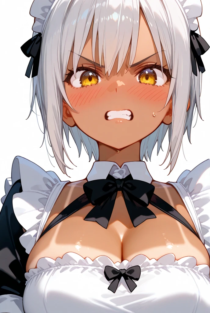 score_9, score_8_up, source_アニメ,アニメ style,Silver Hair,Yellow Eyes,blunt bangs,ponytail,tall,cool eye,Beautiful breasts,((1girl)),shiny skin,front open,Pussy juice,Long Breasts,Massive bukkake,Expressionless,Facial,Heavy breathing,Taunt,Maid clothes,Cum in mouth,Fingering