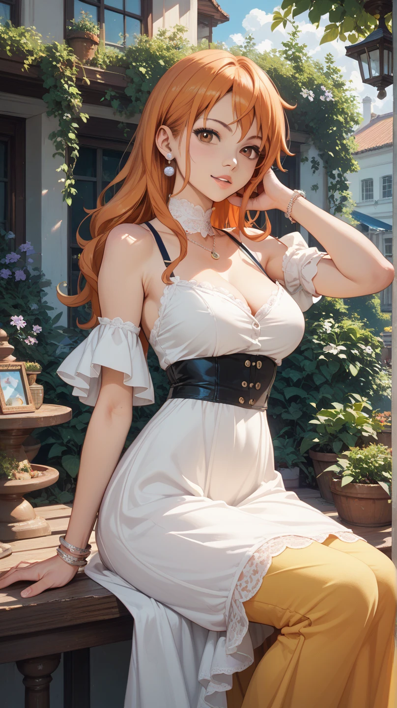 nami with orange hair, master-piece, bestquality, 1girls,25 years old, proportional body, proportional., Wedding Dresses, White Wedding Dress, Long skirt, Big skirt, mediuml breasts, ,bara, choker, Standing in the middle of a flower garden, outdoor, The sky is beautiful, arm behind back, View viewers from the front., Thigh strap, Head tilt, bored, HD, slight smile,