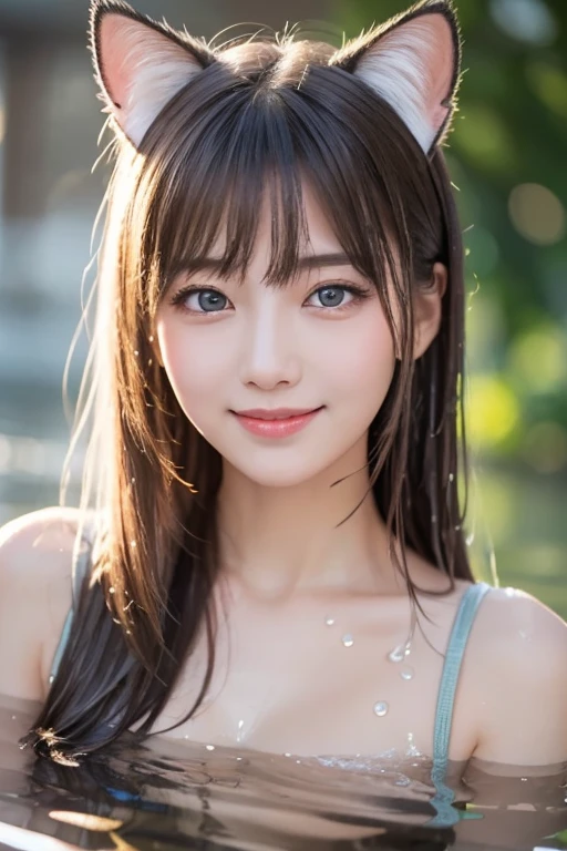 8K Super Resolution、Beauty、One Woman、Dark Brown Hair:1.1、Highly detailed face、Lips detail、important、(Eyes meet)、double eyelid、Princess Eyes、Beautiful Japanese Women、Beautiful Japanese Women、Sensual lips、Bewitching body、20th Generation、(21 years old)、far and near method、 Realistic Japanese women、Wearing a super realistically detailed stylish silk tank top and mini skirt、Hair blowing in the wind、I can see your chest、Crisp images、The delicate sparkle of the eyes、Ultra-realistic detailed park with river、color々Hair style、Smiling with a nice smile、There is fog in the background、Fantastic landscape、