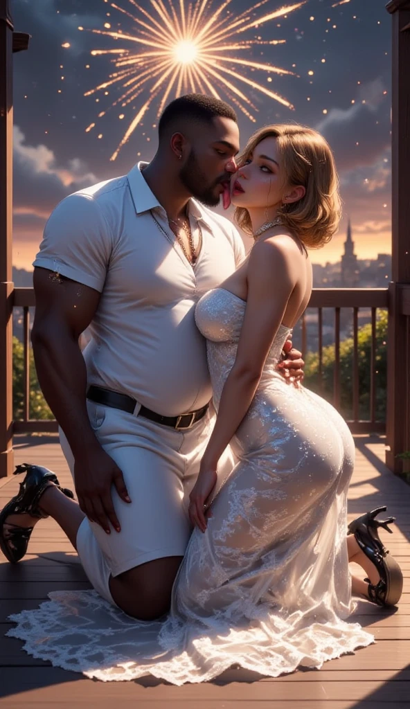 Best Quality, Masterpiece, super high resolution, Blonde powergirl with very white skin with big breasts and very thick legs kneeling kissing the hand of a fat black boy with a crown dressed as a king in the middle of the street surrounded by applauding blonde women, whole body, makeup, cheek bulge, smiley, perfect hands, (realism:1.5)