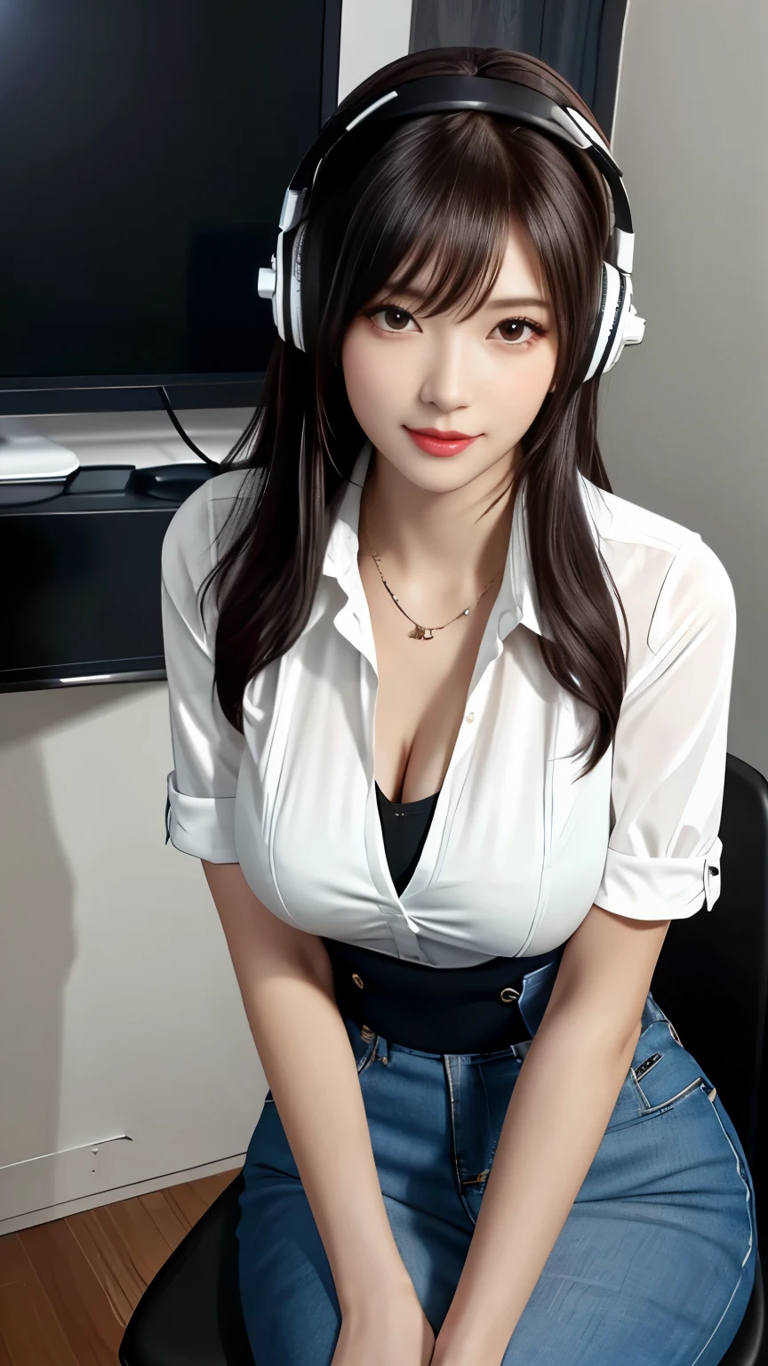 flannel,
headphones, large pearl necklace,
record shop, flannel jacket, woman, cream hair, medium breasts, beautiful smile