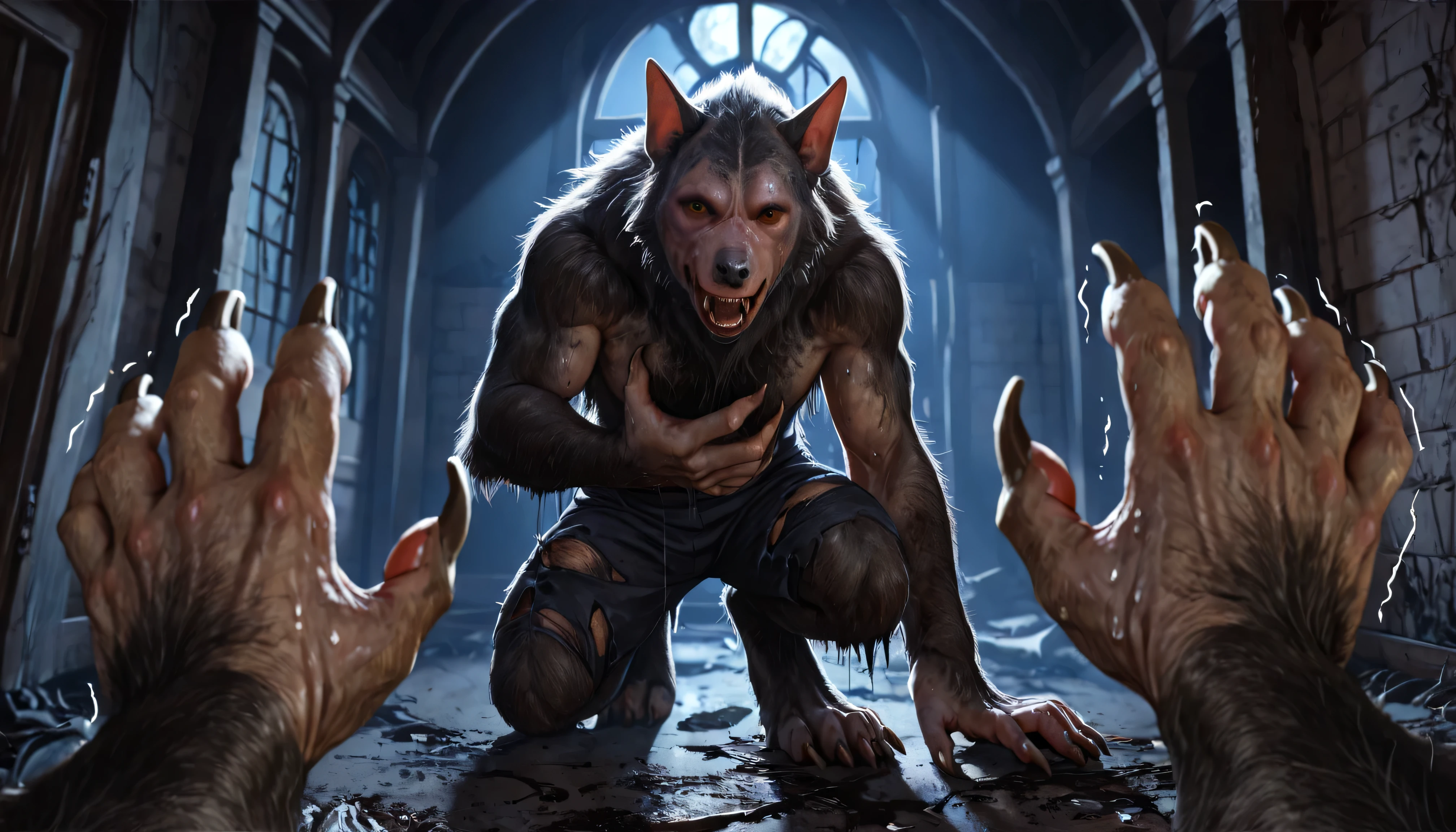 throw, looking at own body, werewolf:1.3, werewolf transformation, body,  Morphing , :1.3,  animal toes  , grey  fat fingers , claws, ((wool)), it crashes:1.1, perspiration,  fat fingers , torn clothes, Torn socks, deep Night, ((darkness, dramatic transformation of predators in the moonlight, Night)), abandoned church, ((super detailed, realistic sweatshirt, realistic sweatshirt:1.37), 4k, 8 k, raw, HDR, contract, Canon EOS P3, CANON EOS R3, 85мм f/1.4, 15mm, 35mm, 80mm, f2.8, high definition, HD, full color, 4k, high definition, sharp focus, smooth, professional, cinematic starlight, extremely detailed, (high detail:1.4)  Business, Masterpiece, deep hues, Best quality,))
