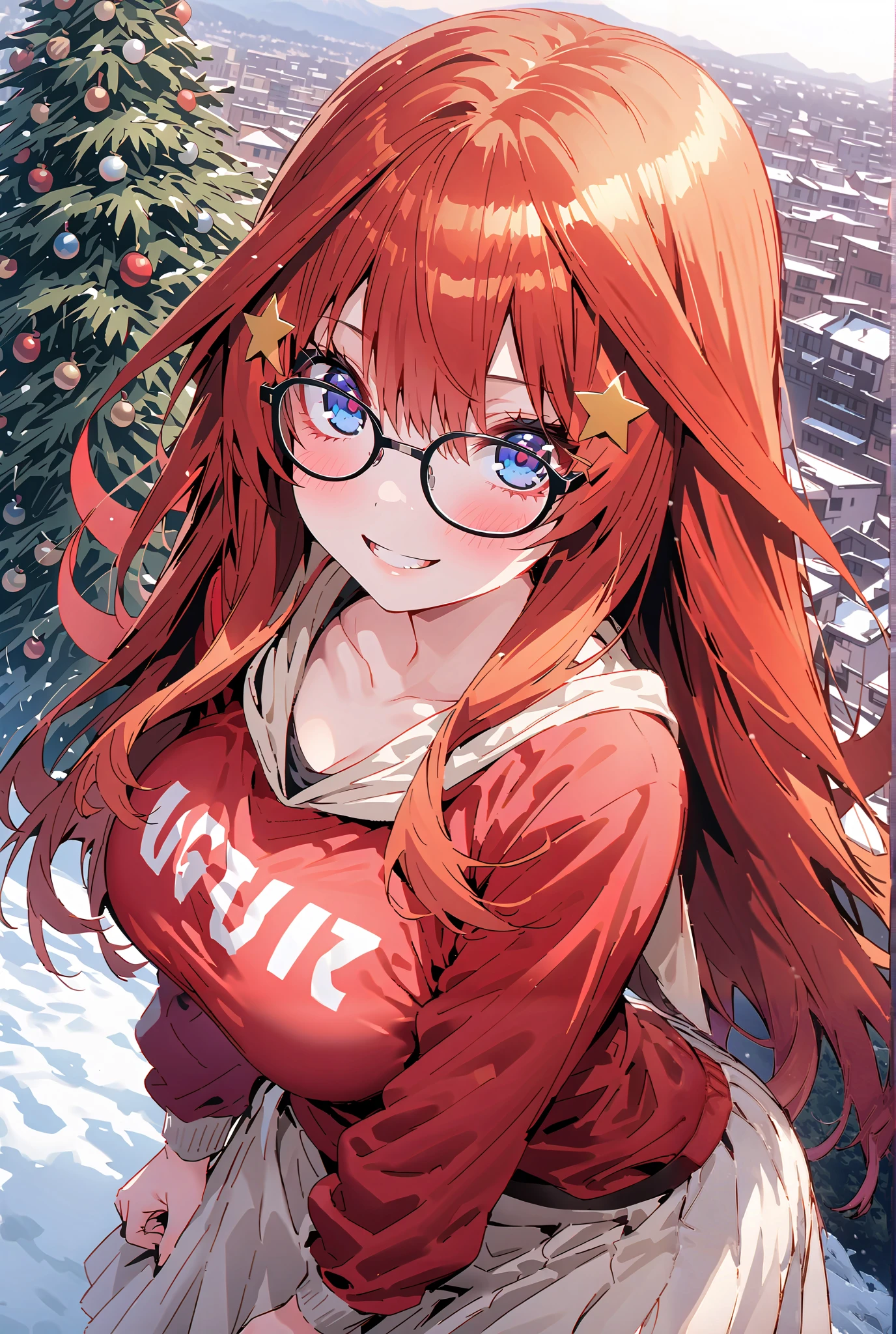 score_9, score_8_up, score_7_up, source_anime, Nakano Mizuki , long hair, stupid hair,blue eyes, hair ornament, red hair, glass, yellow star ( symbol ), half updo,Half-rimmed glasses, Rim under eyewear, 星 hair ornament,smile,cover,close your mouth,Big Breasts, red oversized hoodie , WHITE LONG SKIRT,sneakers with lady back letter,winter,christmas tree,illumination,snow,is standing,beautiful scenery,building,destroy the whole body to match the illustration and place them outdoors, city,
GREEN RAZY HILEG LEOTARD,full body
Break (masterpiece:1.2),Top Quality , kampala,unity 8k 壁紙,(shape:0.8),( , beautiful eyes with a vagina :1.6), It's a person ,full body photo, CG Details , (perfect hands,Complete Anatomy),