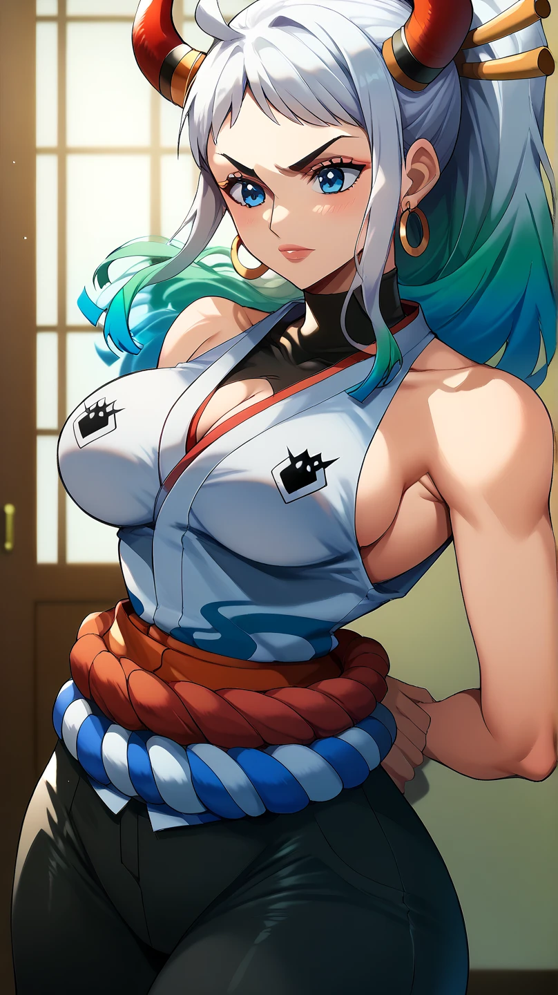 Best Quality, Masterpiece, 4k, absurd resolution, UHD, ultra detailed, detailed eyes, detailed skin, detailed hair, detailed face, (cara de evangeline lilly:Blake Lively), detailed fabric, (ung beautiful girl, Alone:1.1), Yamato (One piece), (multicolor fur, wide, by white, aquamarine hair, two tone hair, High ponytail, hair stick, hair ornament), (big natural breasts:1.2), (side chest:1.2), (Shimenawa, Ropa japonesa con Shimenawa., rope, sleeveless kimono, bare arms, kimono, sleeveless, they, bare shoulders, also), (curly horns, red horns, multicolored horns), (happy smile:1.2), earrings, jewelry, (large eyes, Brown eyes), clavicle, cowboy shot, v shaped eyebrows, ((hourglass shape)), pose sexy, ((NSFW))